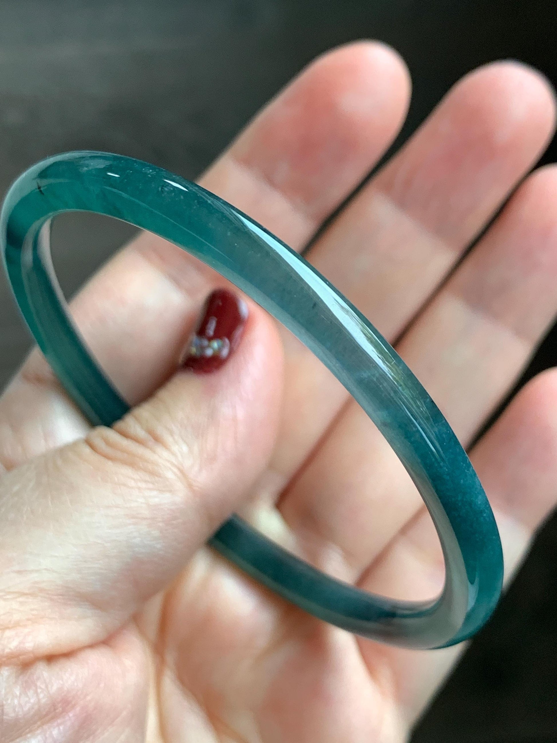 Certified Natural Grade A Guatemalan Icy Translucent Dark Teal Blue Jade Jadeite Slim Bangle 58.68mm 7.25” 16.6g 天然冰胶危深蓝绿翡翠细圆条手镯 729