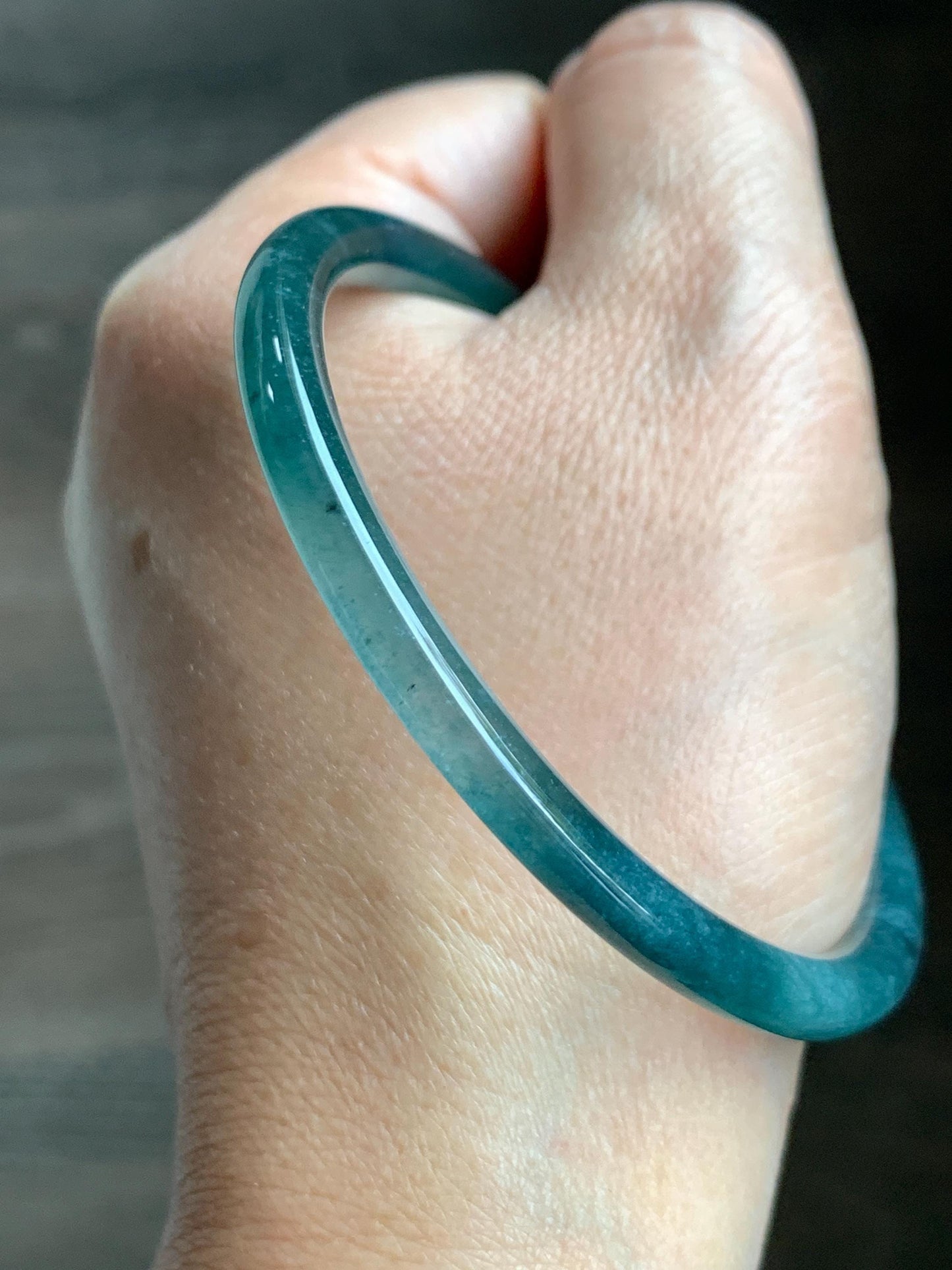 Certified Natural Grade A Guatemalan Icy Translucent Dark Teal Blue Jade Jadeite Slim Bangle 58.68mm 7.25” 16.6g 天然冰胶危深蓝绿翡翠细圆条手镯 729