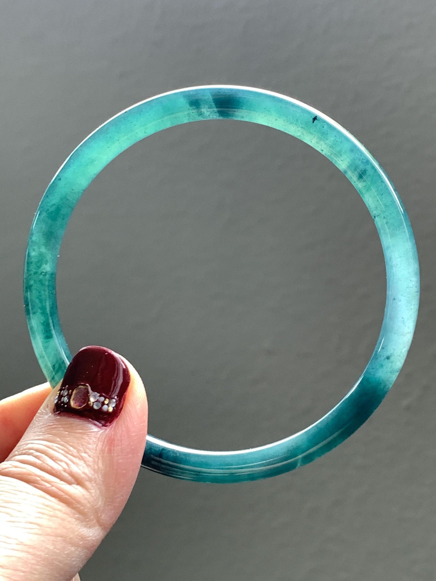 Certified Natural Grade A Guatemalan Icy Translucent Dark Teal Blue Jade Jadeite Slim Bangle 58.68mm 7.25” 16.6g 天然冰胶危深蓝绿翡翠细圆条手镯 729