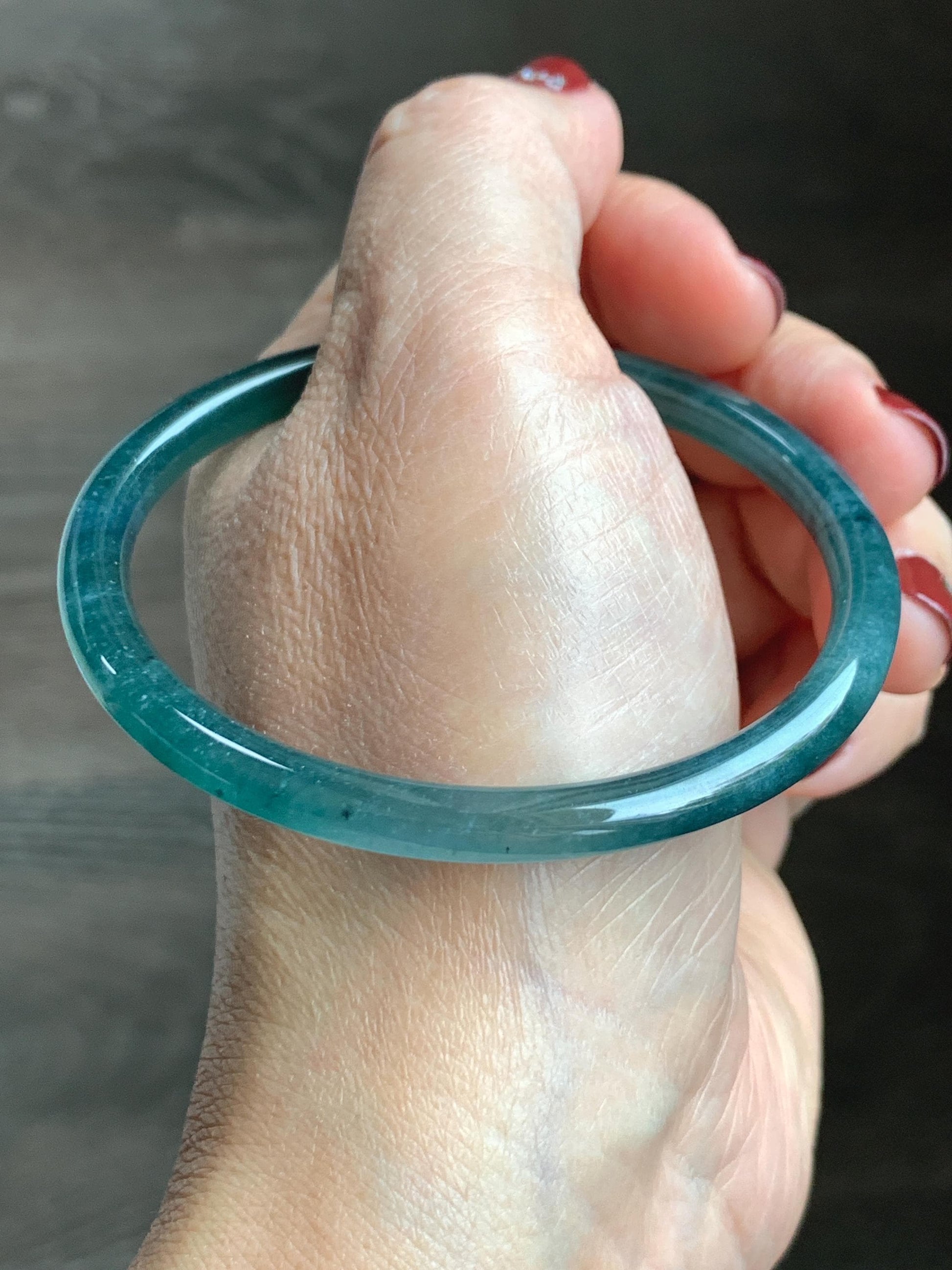 Certified Natural Grade A Guatemalan Icy Translucent Dark Teal Blue Jade Jadeite Slim Bangle 58.68mm 7.25” 16.6g 天然冰胶危深蓝绿翡翠细圆条手镯 729