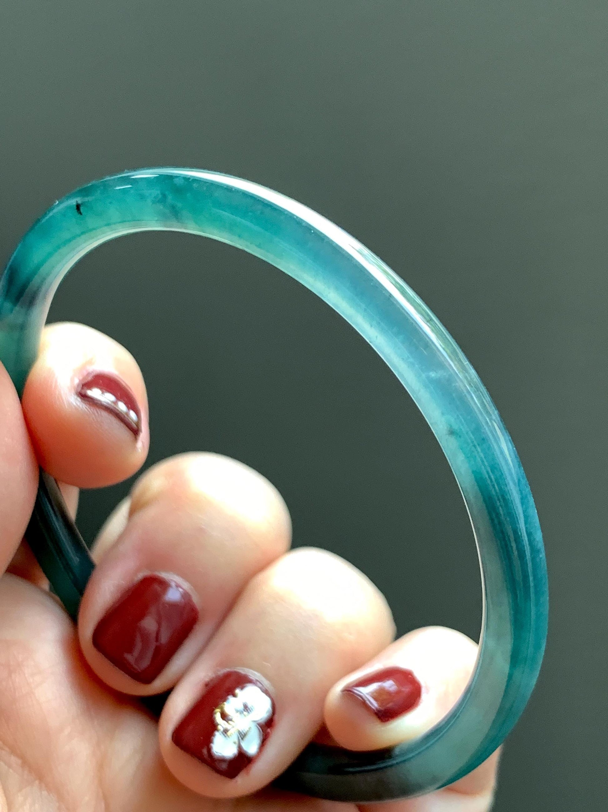 Certified Natural Grade A Guatemalan Icy Translucent Dark Teal Blue Jade Jadeite Slim Bangle 58.68mm 7.25” 16.6g 天然冰胶危深蓝绿翡翠细圆条手镯 729