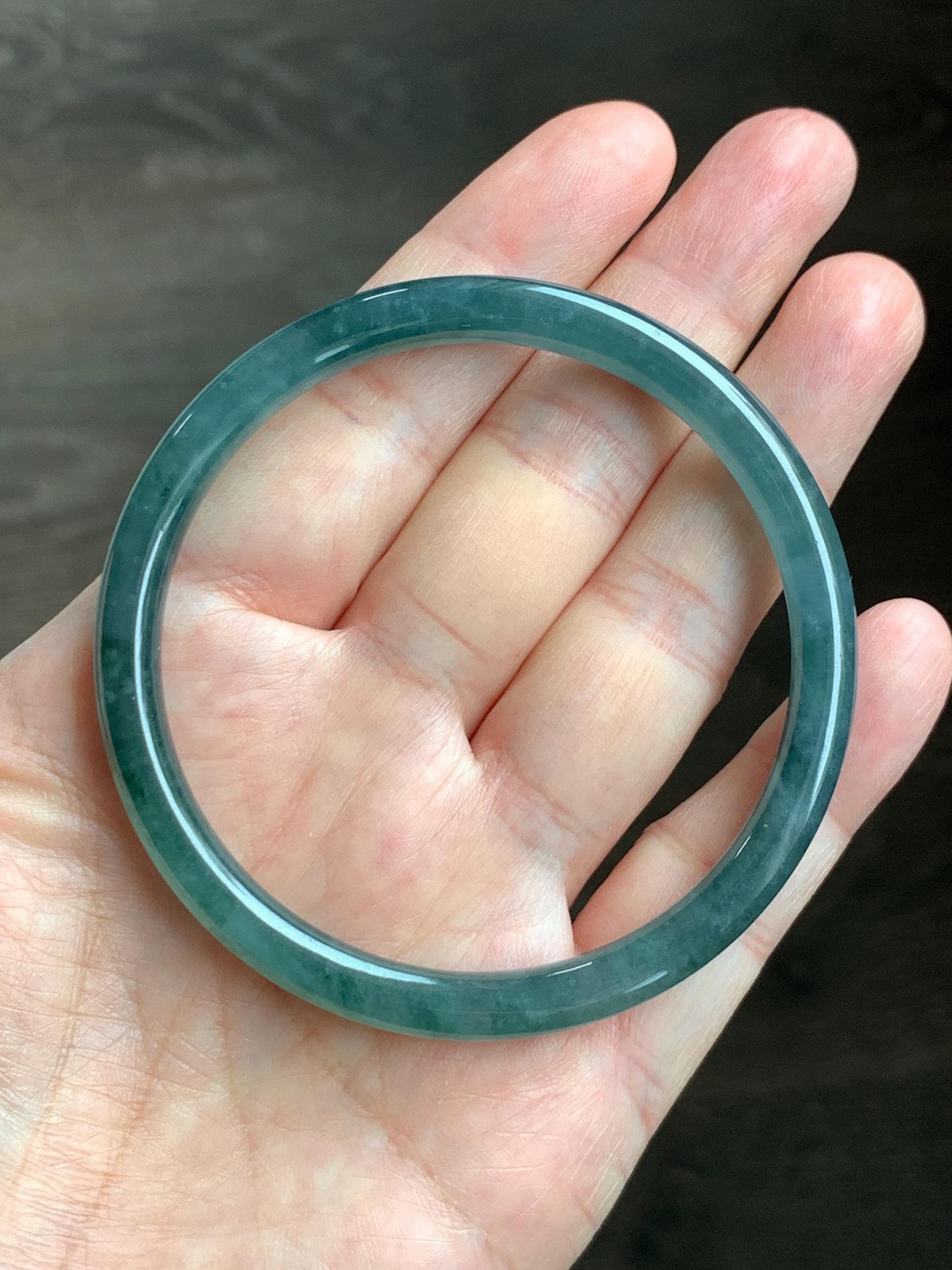 Certified Natural Grade A Guatemalan Icy Highly Translucent Dark Teal Blue Jade Jadeite Slim Bangle 57.42mm 7” 19.75g 天然冰胶危深蓝绿翡翠细圆条手镯 722
