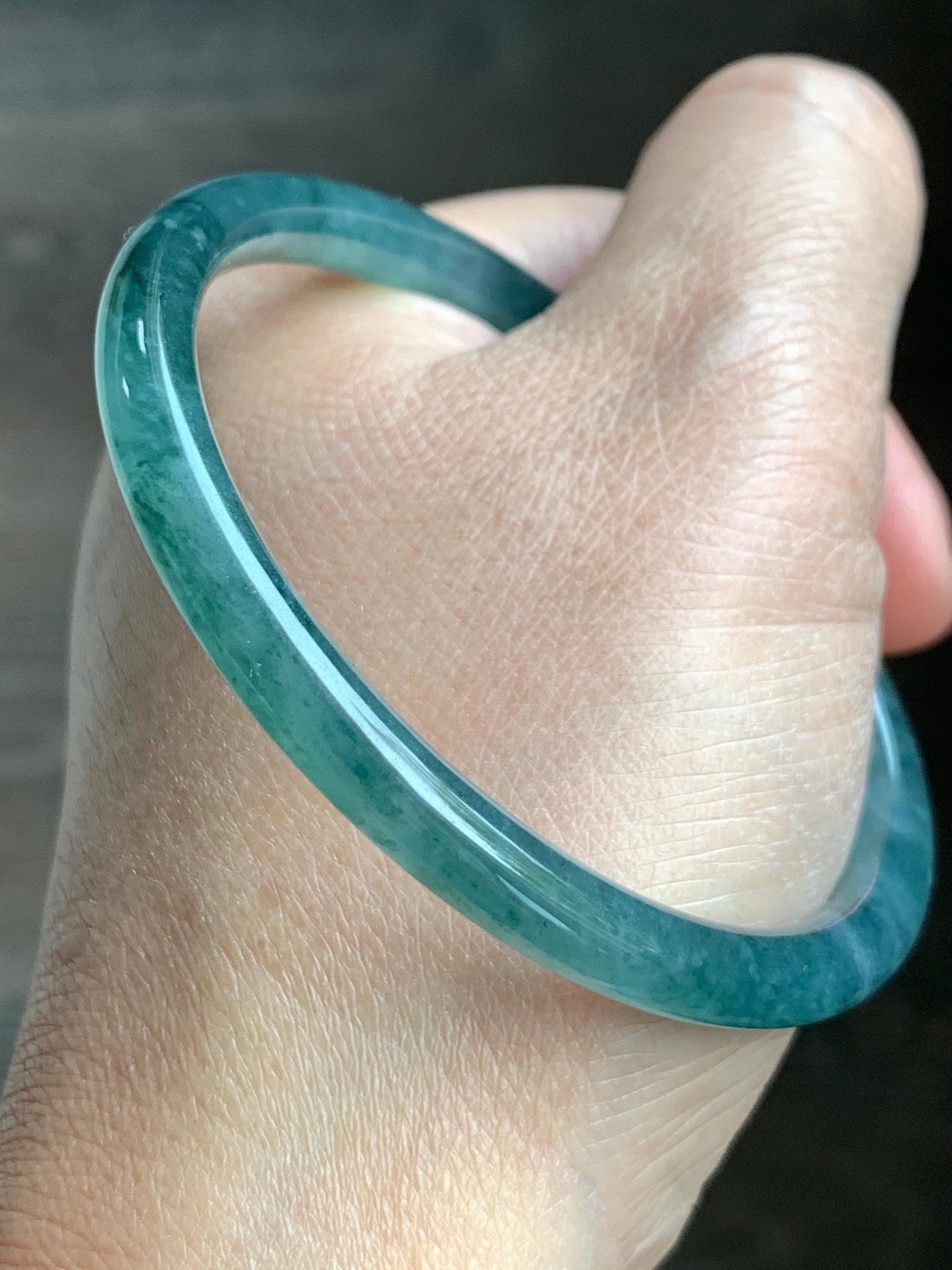 Certified Natural Grade A Guatemalan Icy Highly Translucent Dark Teal Blue Jade Jadeite Slim Bangle 57.42mm 7” 19.75g 天然冰胶危深蓝绿翡翠细圆条手镯 722