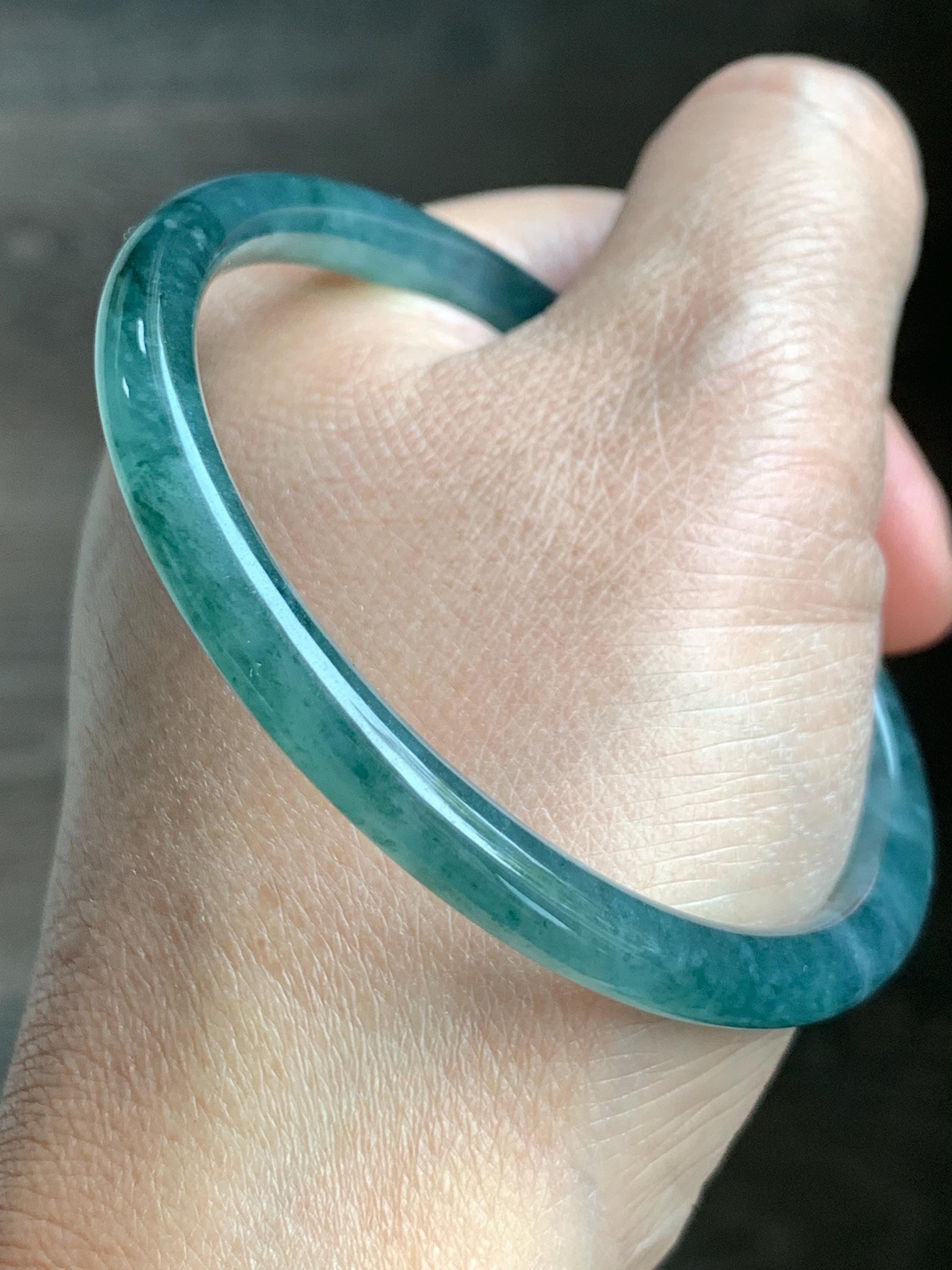 Certified Natural Grade A Guatemalan Icy Highly Translucent Dark Teal Blue Jade Jadeite Slim Bangle 57.42mm 7” 19.75g 天然冰胶危深蓝绿翡翠细圆条手镯 722