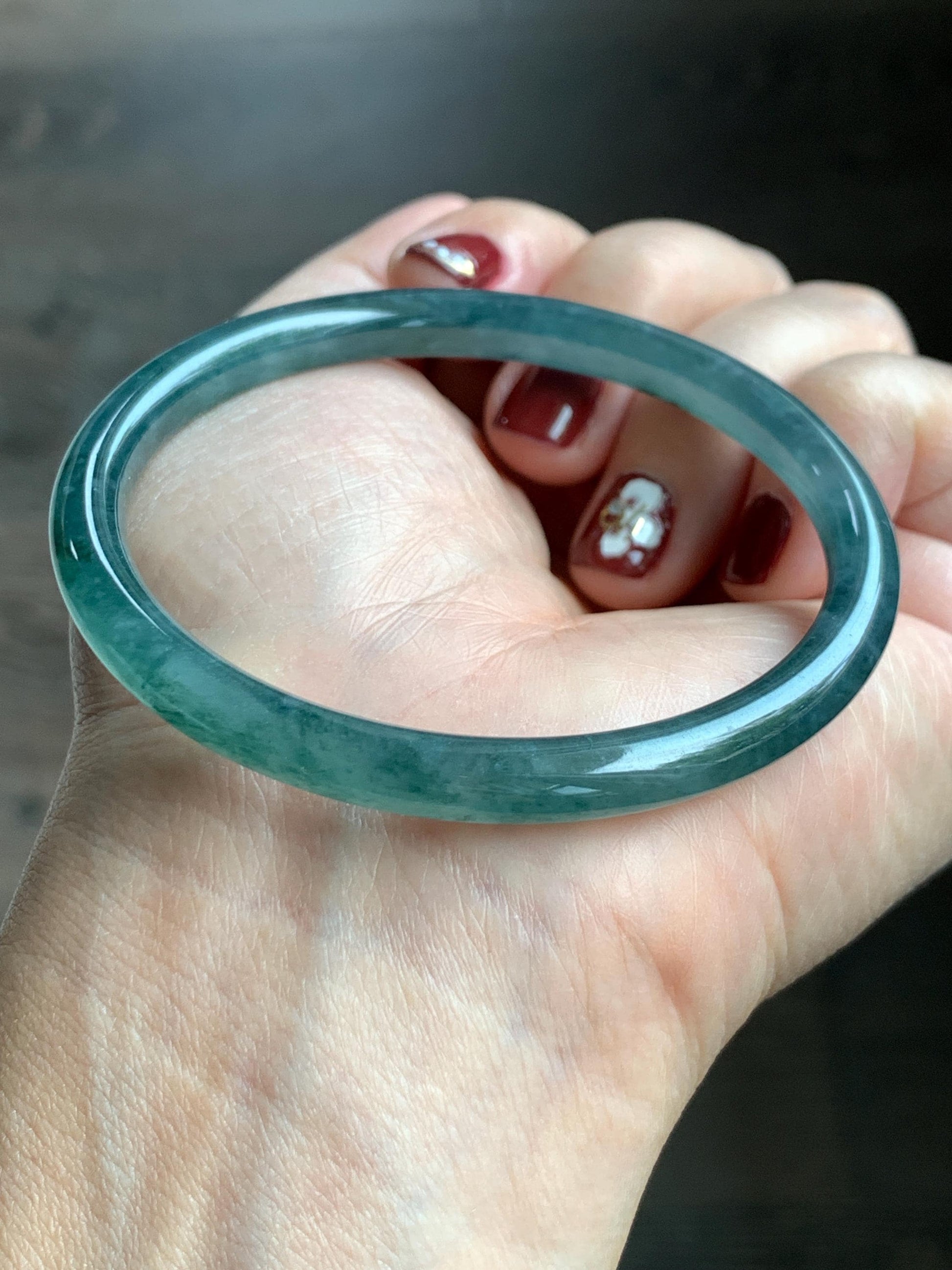 Certified Natural Grade A Guatemalan Icy Highly Translucent Dark Teal Blue Jade Jadeite Slim Bangle 57.42mm 7” 19.75g 天然冰胶危深蓝绿翡翠细圆条手镯 722