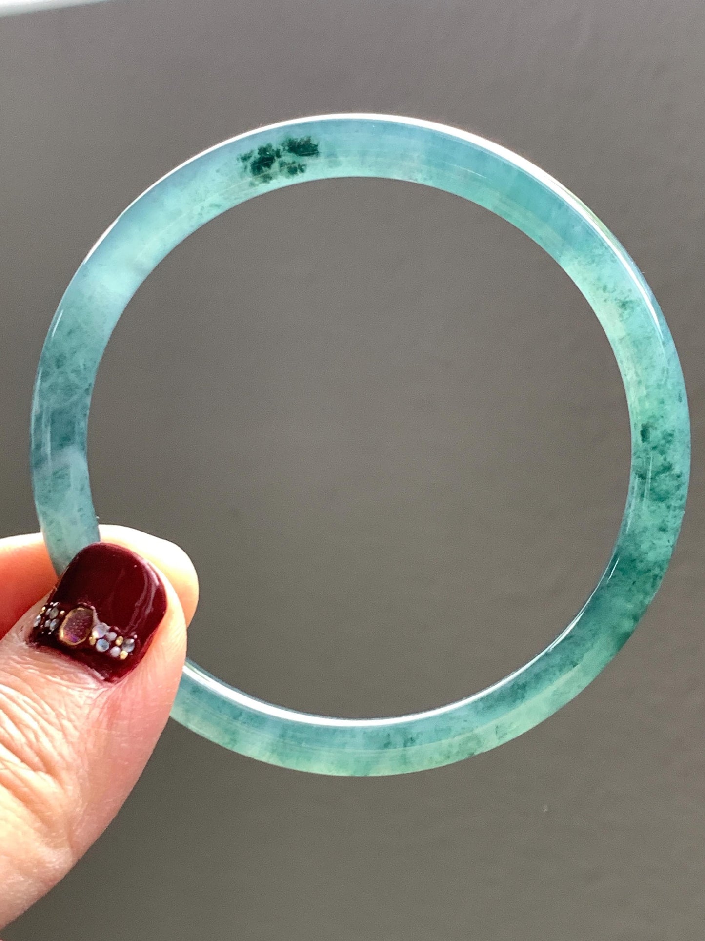 Certified Natural Grade A Guatemalan Icy Highly Translucent Dark Teal Blue Jade Jadeite Slim Bangle 57.42mm 7” 19.75g 天然冰胶危深蓝绿翡翠细圆条手镯 722