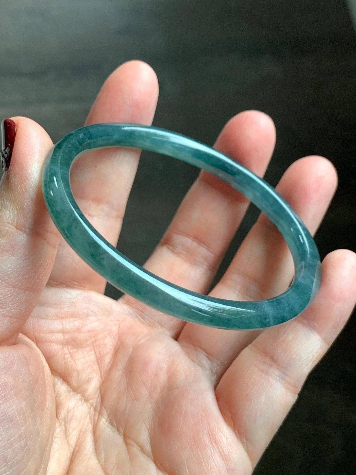 Certified Natural Grade A Guatemalan Icy Highly Translucent Dark Teal Blue Jade Jadeite Slim Bangle 57.42mm 7” 19.75g 天然冰胶危深蓝绿翡翠细圆条手镯 722