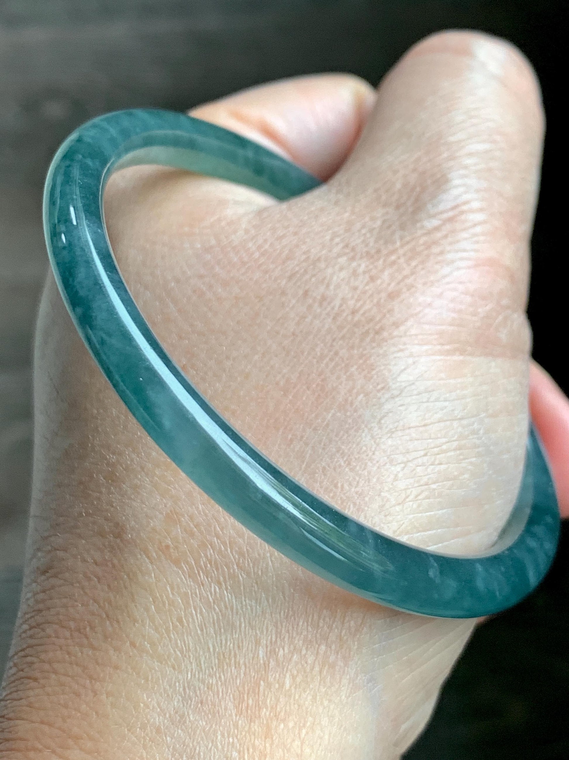 Certified Natural Grade A Guatemalan Icy Highly Translucent Dark Teal Blue Jade Jadeite Slim Bangle 57.42mm 7” 19.75g 天然冰胶危深蓝绿翡翠细圆条手镯 722