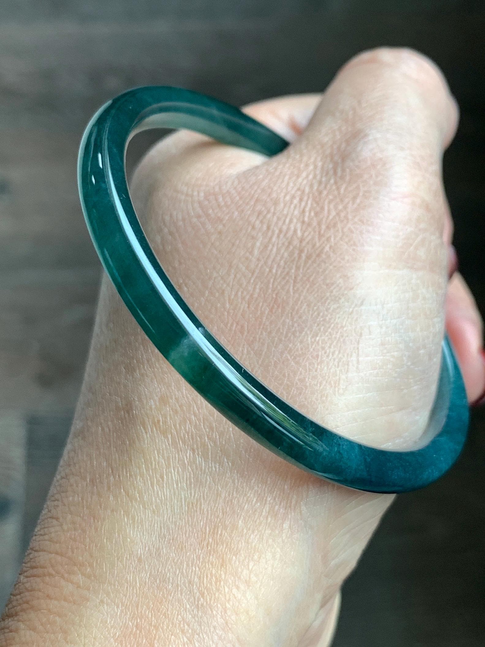 Certified Natural Grade A Guatemalan Icy Translucent Dark Teal Blue Jade Jadeite Slim Bangle 58.71mm 7.25” 18.38g 天然冰胶危深蓝绿翡翠细圆条手镯 728