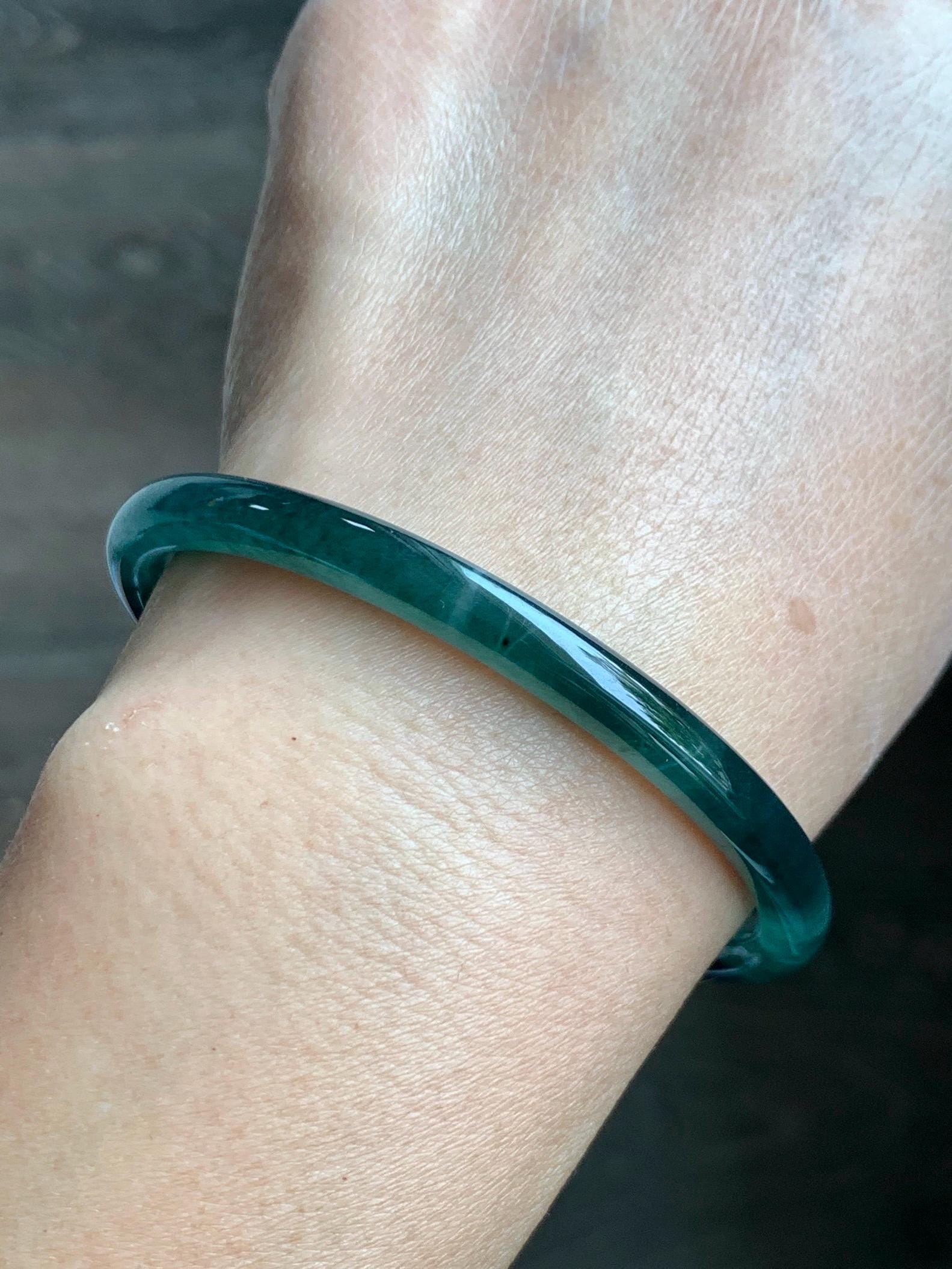 Certified Natural Grade A Guatemalan Icy Translucent Dark Teal Blue Jade Jadeite Slim Bangle 58.71mm 7.25” 18.38g 天然冰胶危深蓝绿翡翠细圆条手镯 728