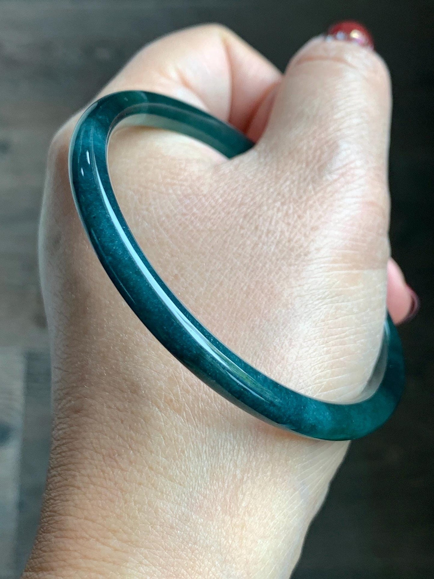Certified Natural Grade A Guatemalan Icy Translucent Dark Teal Blue Jade Jadeite Slim Bangle 58.71mm 7.25” 18.38g 天然冰胶危深蓝绿翡翠细圆条手镯 728