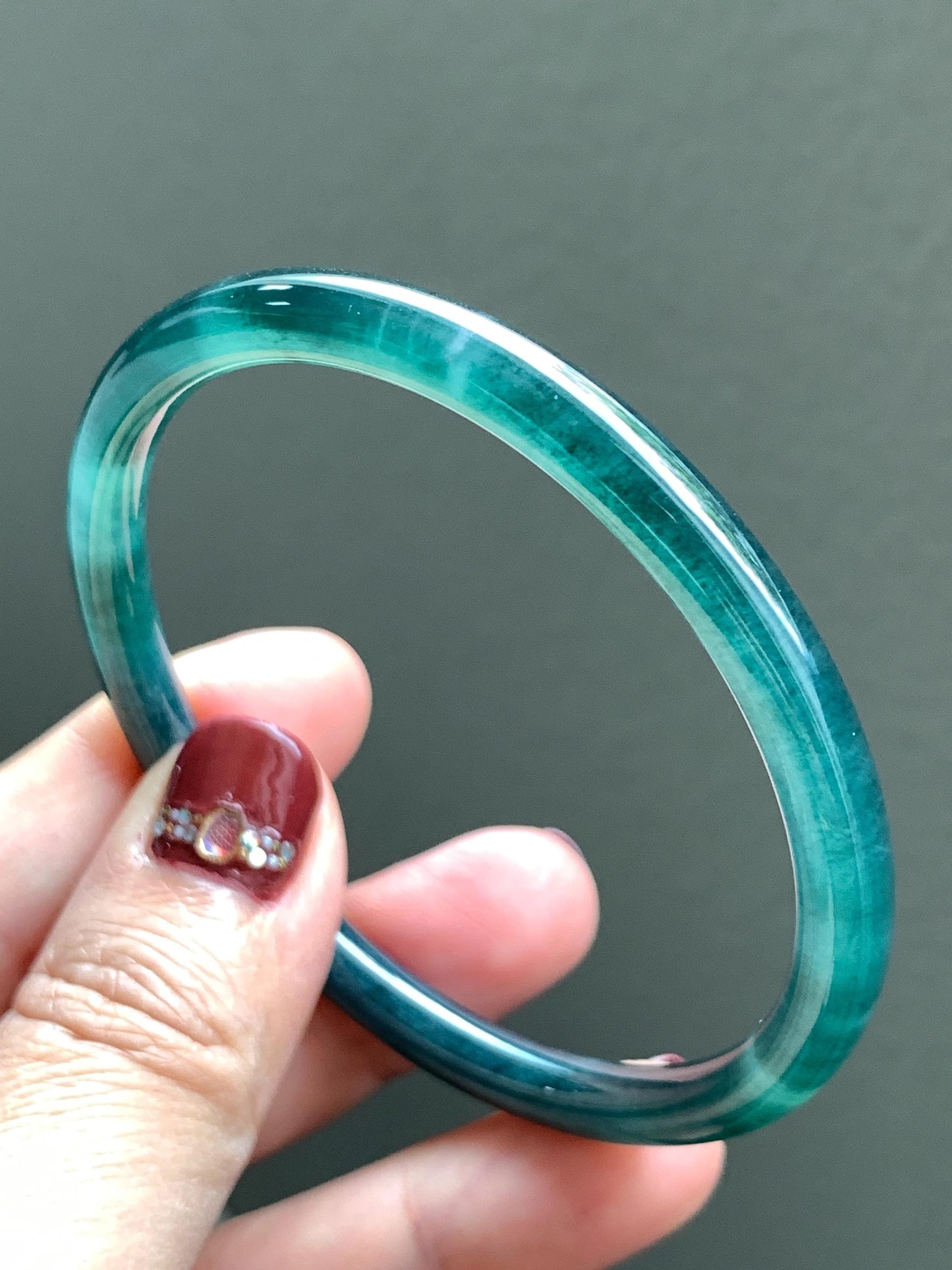 Certified Natural Grade A Guatemalan Icy Translucent Dark Teal Blue Jade Jadeite Slim Bangle 58.71mm 7.25” 18.38g 天然冰胶危深蓝绿翡翠细圆条手镯 728