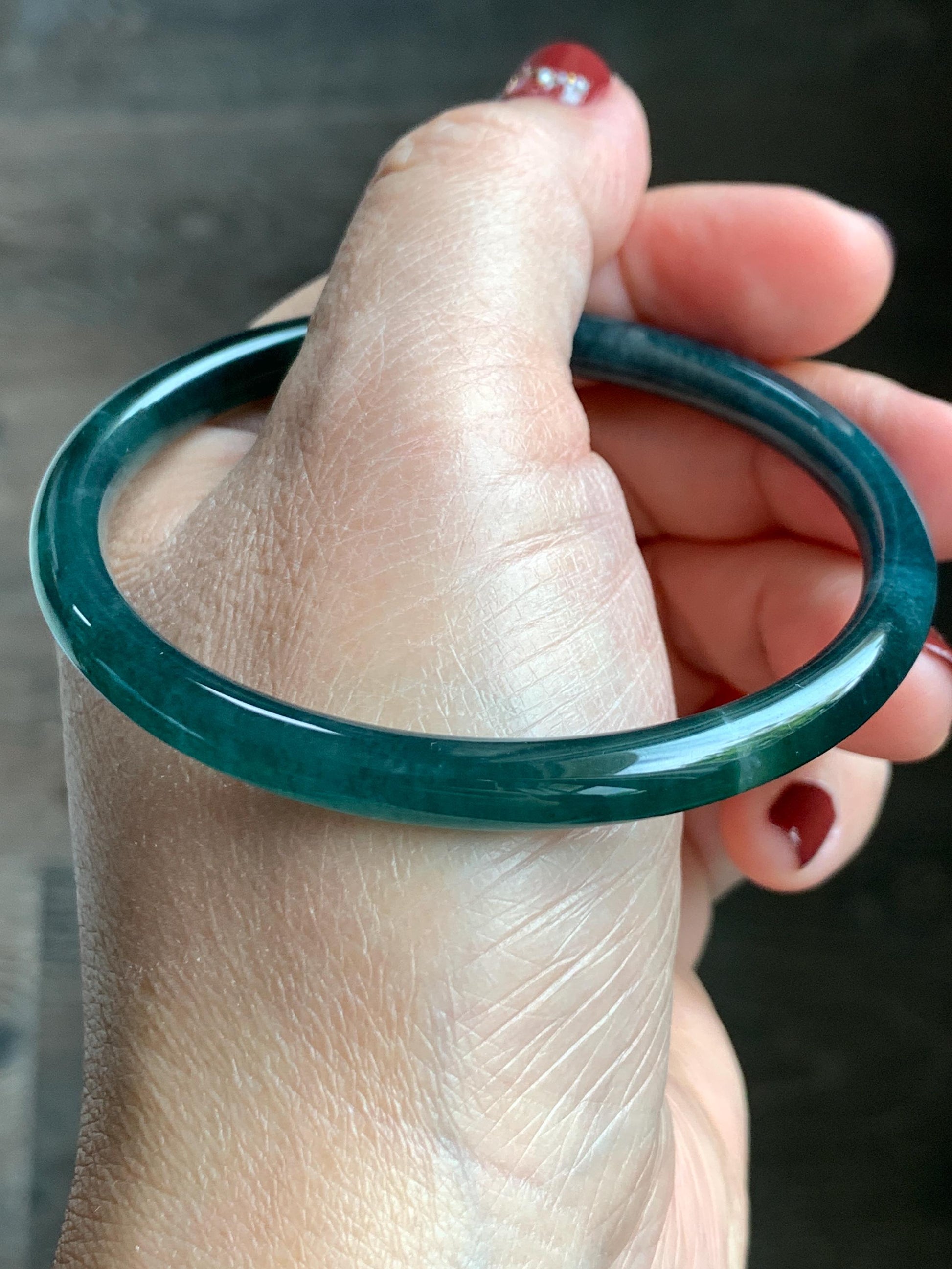 Certified Natural Grade A Guatemalan Icy Translucent Dark Teal Blue Jade Jadeite Slim Bangle 58.71mm 7.25” 18.38g 天然冰胶危深蓝绿翡翠细圆条手镯 728