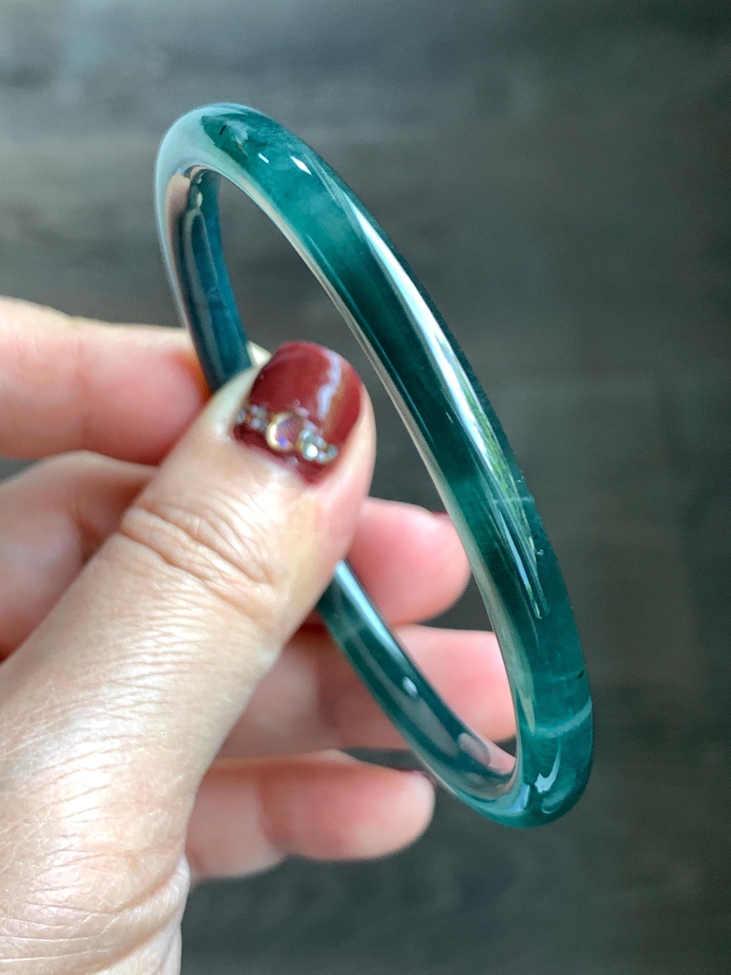 Certified Natural Grade A Guatemalan Icy Translucent Dark Teal Blue Jade Jadeite Slim Bangle 58.71mm 7.25” 18.38g 天然冰胶危深蓝绿翡翠细圆条手镯 728