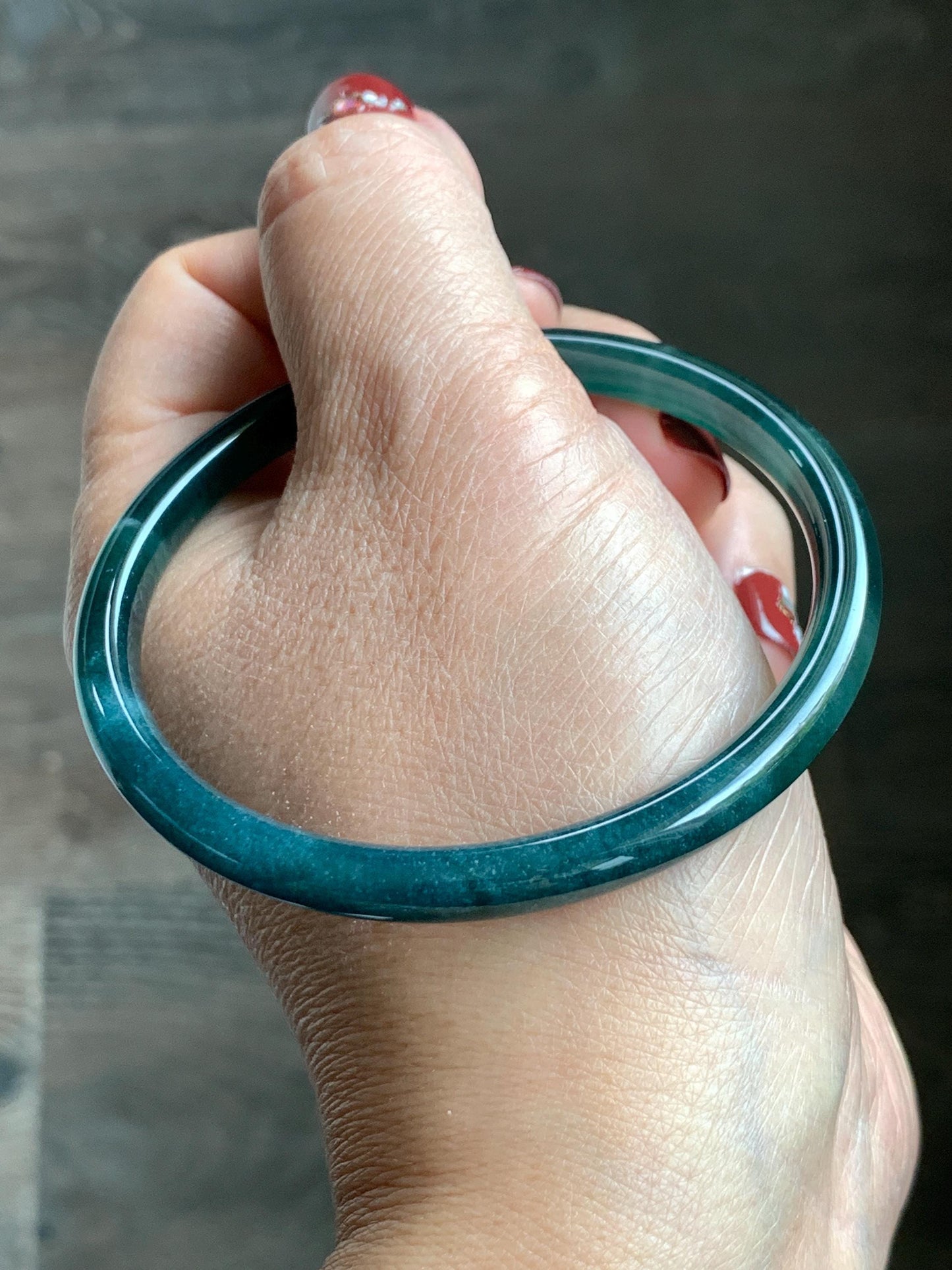 Certified Natural Grade A Guatemalan Icy Translucent Dark Teal Blue Jade Jadeite Slim Bangle 58.71mm 7.25” 18.38g 天然冰胶危深蓝绿翡翠细圆条手镯 728