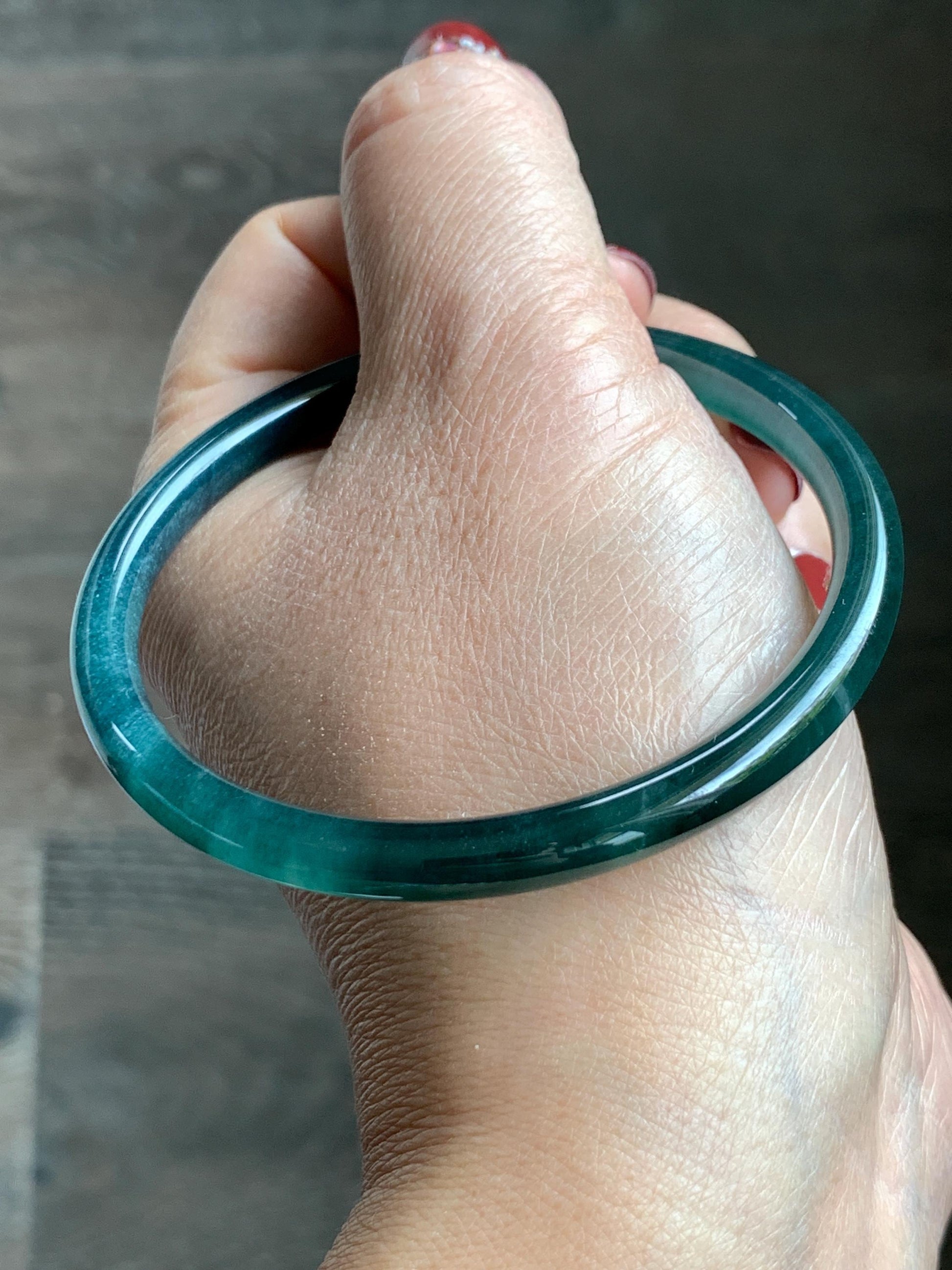 Certified Natural Grade A Guatemalan Icy Translucent Dark Teal Blue Jade Jadeite Slim Bangle 58.71mm 7.25” 18.38g 天然冰胶危深蓝绿翡翠细圆条手镯 728