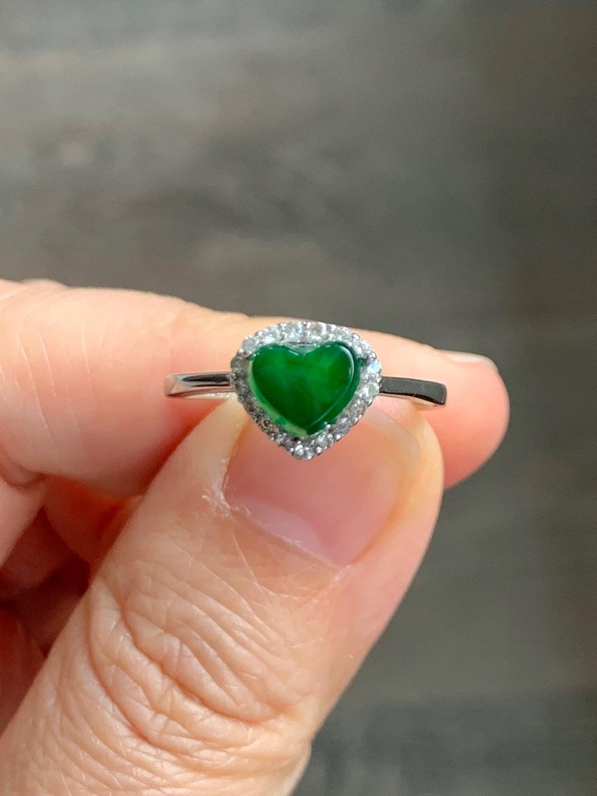 Natural Grade A Guatemalan Icy Translucent Vibrant Green Jade Jadeite Heart Halo Ring Sterling Silver Size 7 Adjustable 天然冰危绿翡翠爱心戒指 AXJ66