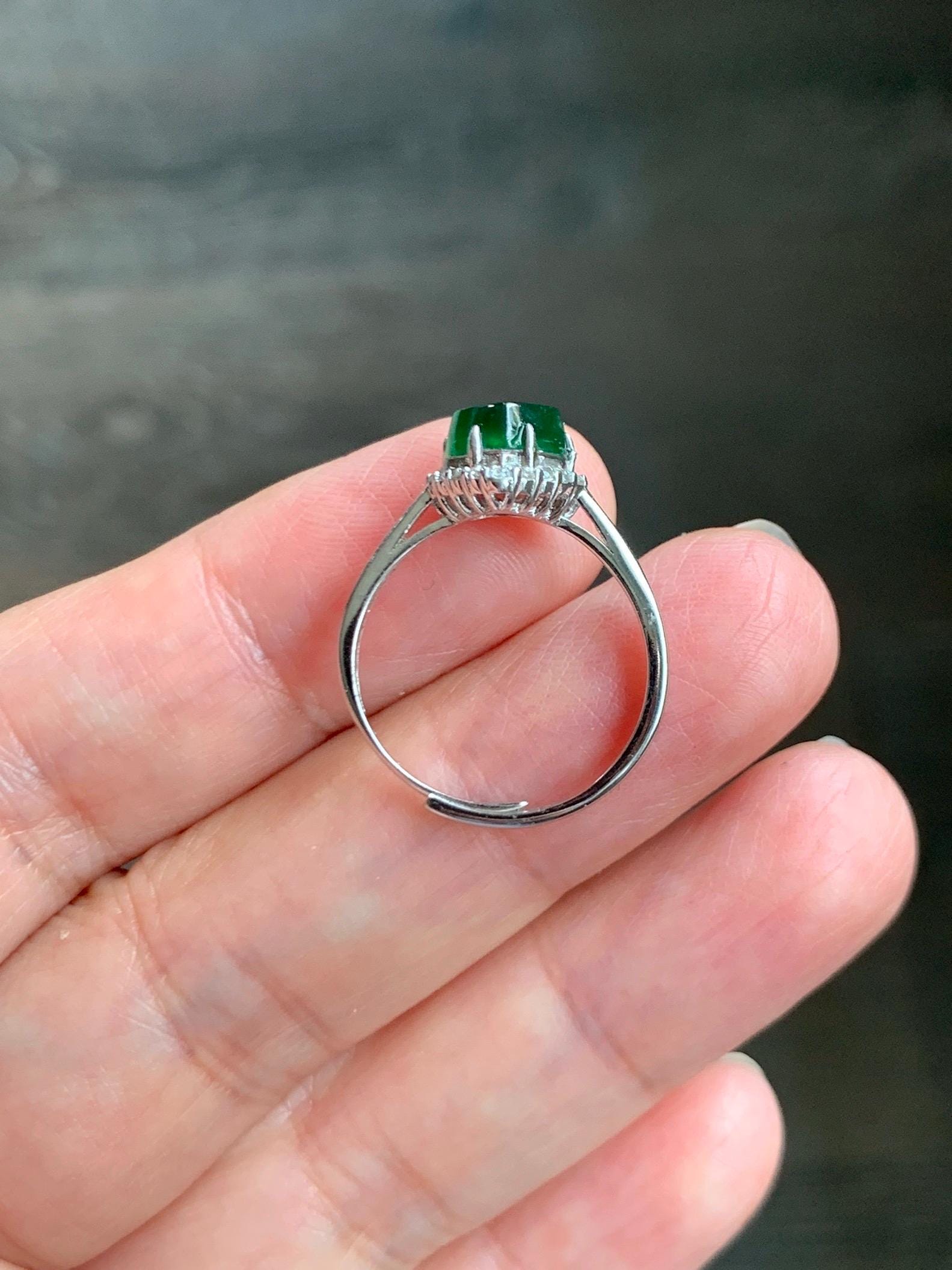 Natural Grade A Guatemalan Icy Translucent Vibrant Green Jade Jadeite Heart Halo Ring Sterling Silver Size 7 Adjustable 天然冰危绿翡翠爱心戒指 AXJ66