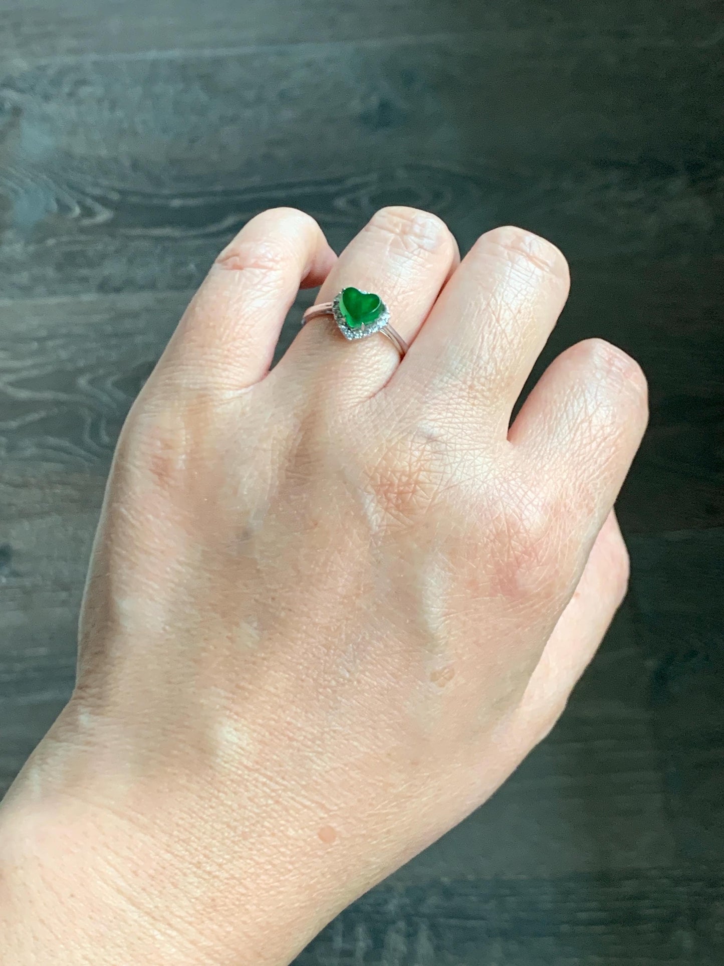 Natural Grade A Guatemalan Icy Translucent Vibrant Green Jade Jadeite Heart Halo Ring Sterling Silver Size 7 Adjustable 天然冰危绿翡翠爱心戒指 AXJ66