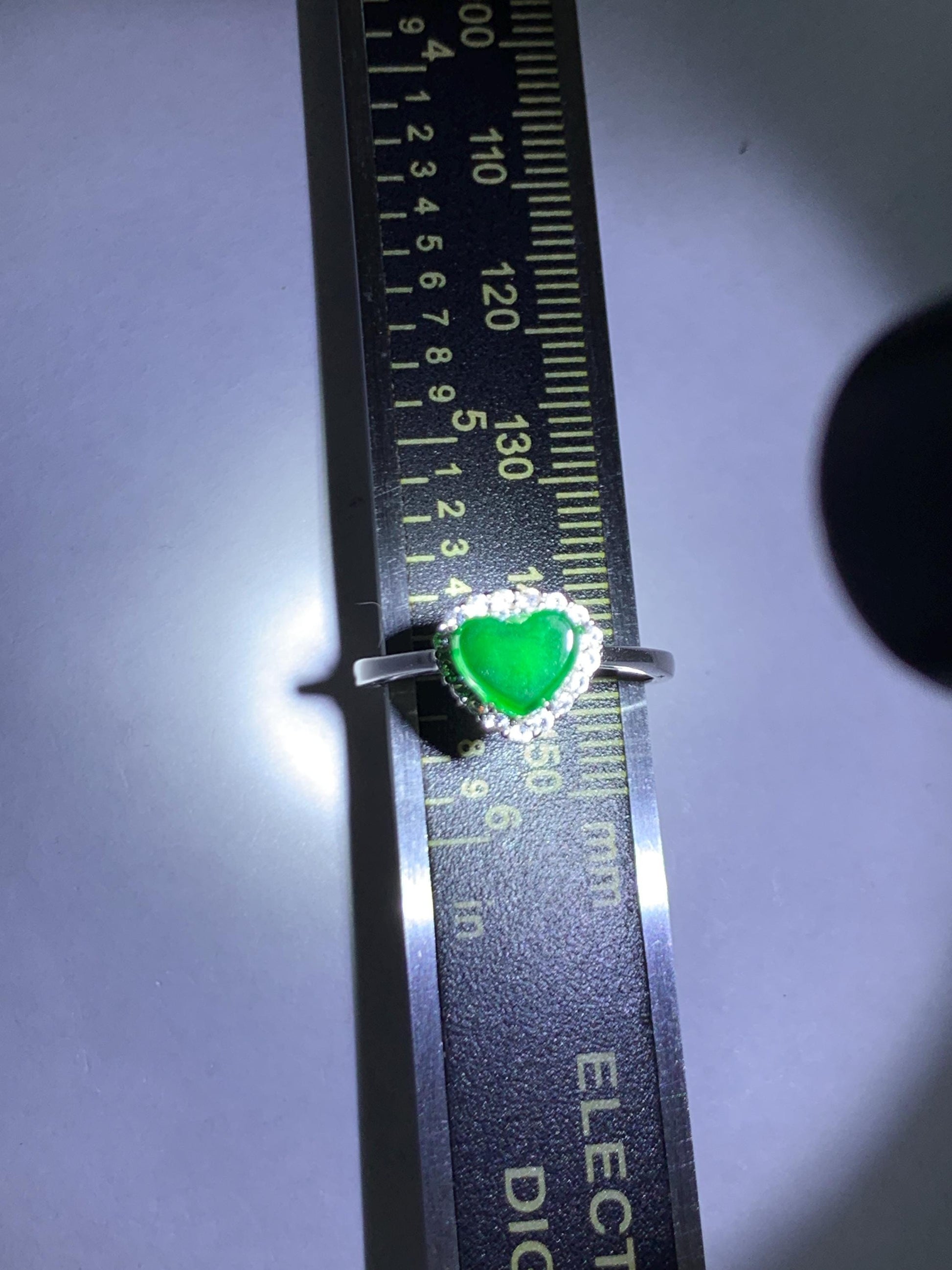 Natural Grade A Guatemalan Icy Translucent Vibrant Green Jade Jadeite Heart Halo Ring Sterling Silver Size 7 Adjustable 天然冰危绿翡翠爱心戒指 AXJ66