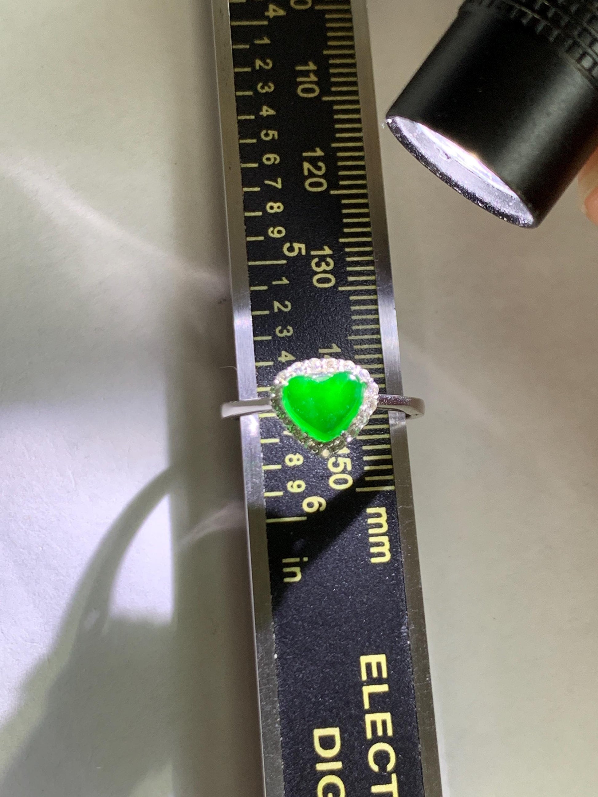 Natural Grade A Guatemalan Icy Translucent Vibrant Green Jade Jadeite Heart Halo Ring Sterling Silver Size 7 Adjustable 天然冰危绿翡翠爱心戒指 AXJ66