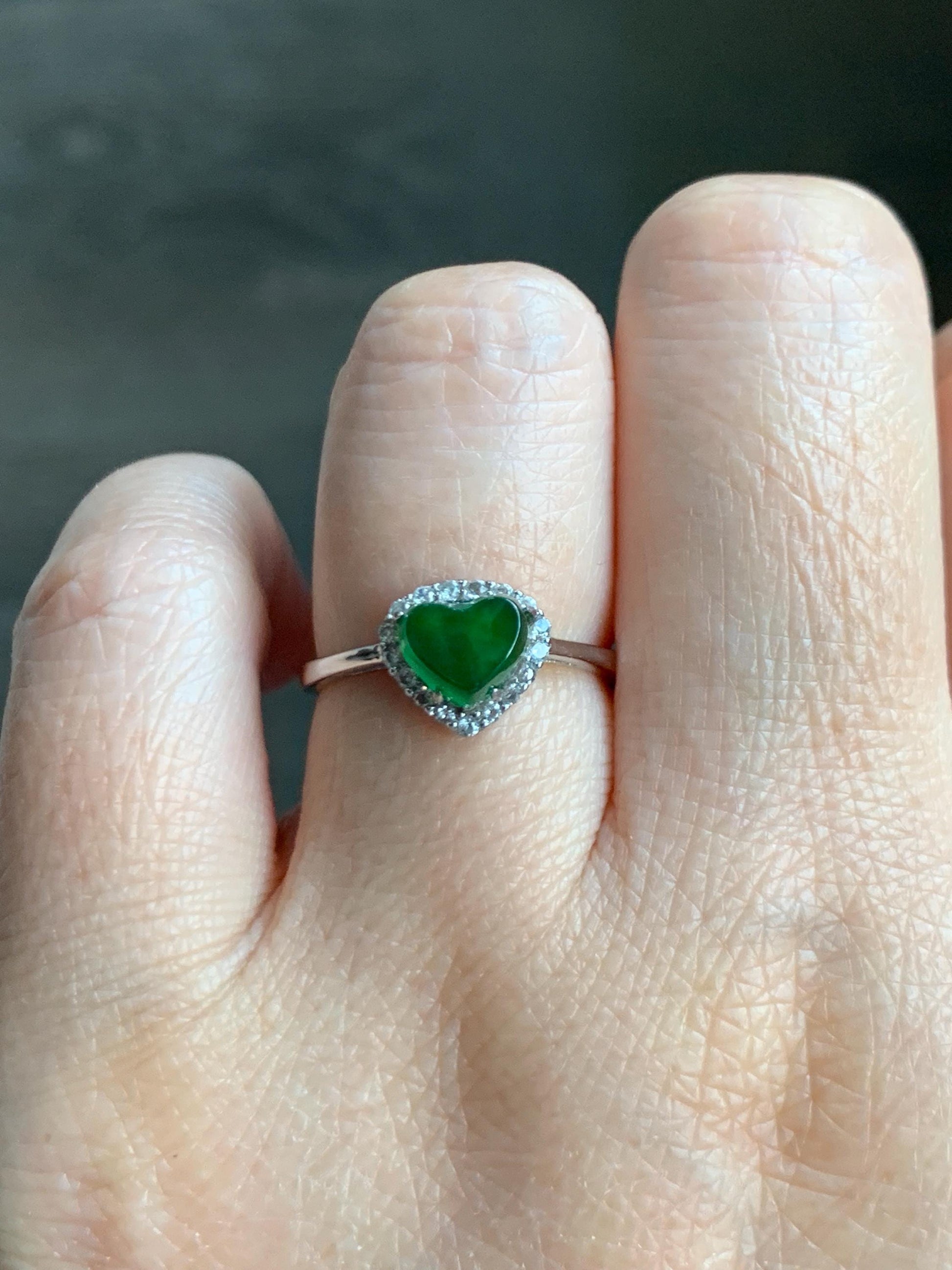 Natural Grade A Guatemalan Icy Translucent Vibrant Green Jade Jadeite Heart Halo Ring Sterling Silver Size 7 Adjustable 天然冰危绿翡翠爱心戒指 AXJ66