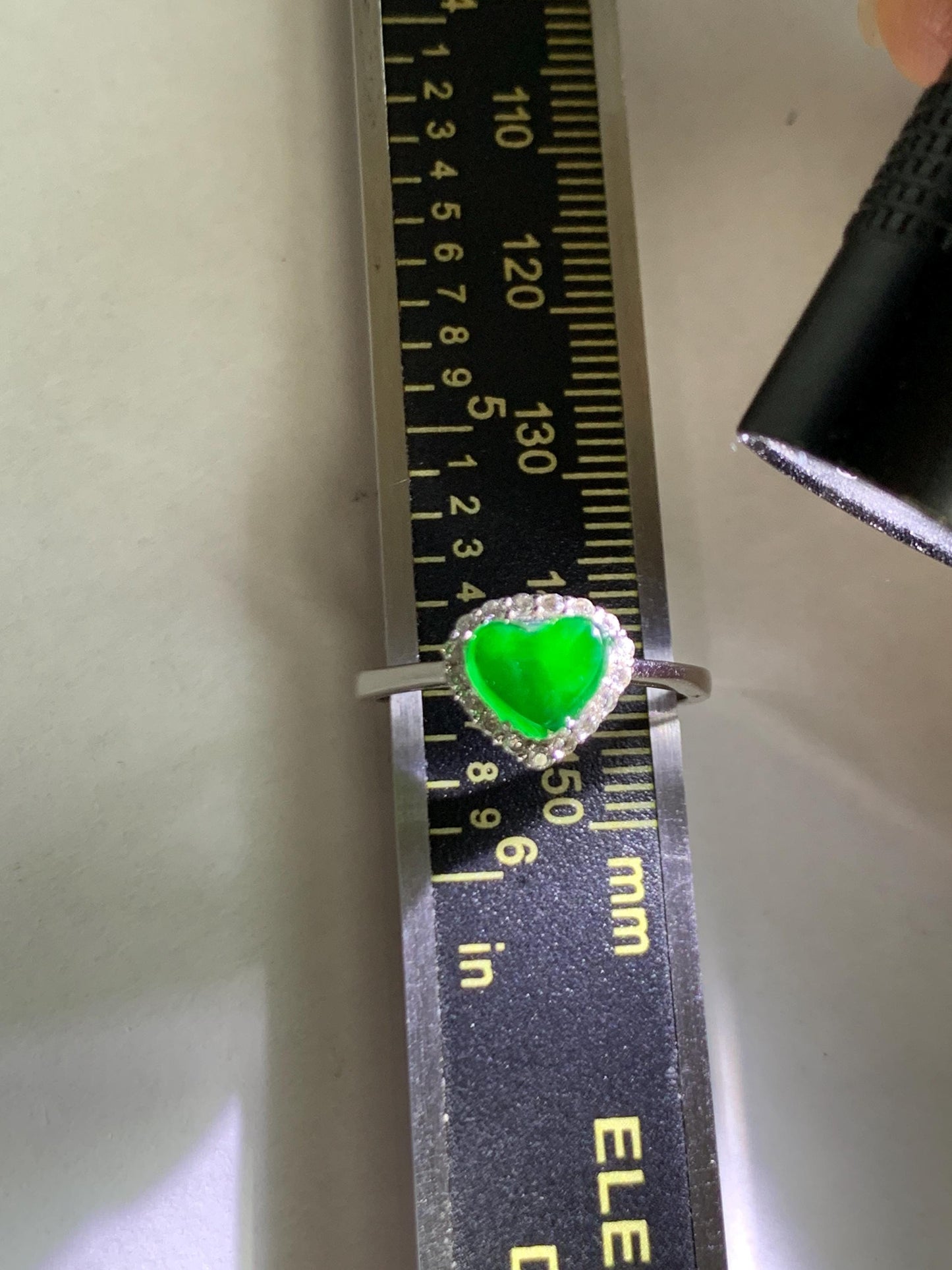 Natural Grade A Guatemalan Icy Translucent Vibrant Green Jade Jadeite Heart Halo Ring Sterling Silver Size 7 Adjustable 天然冰危绿翡翠爱心戒指 AXJ66
