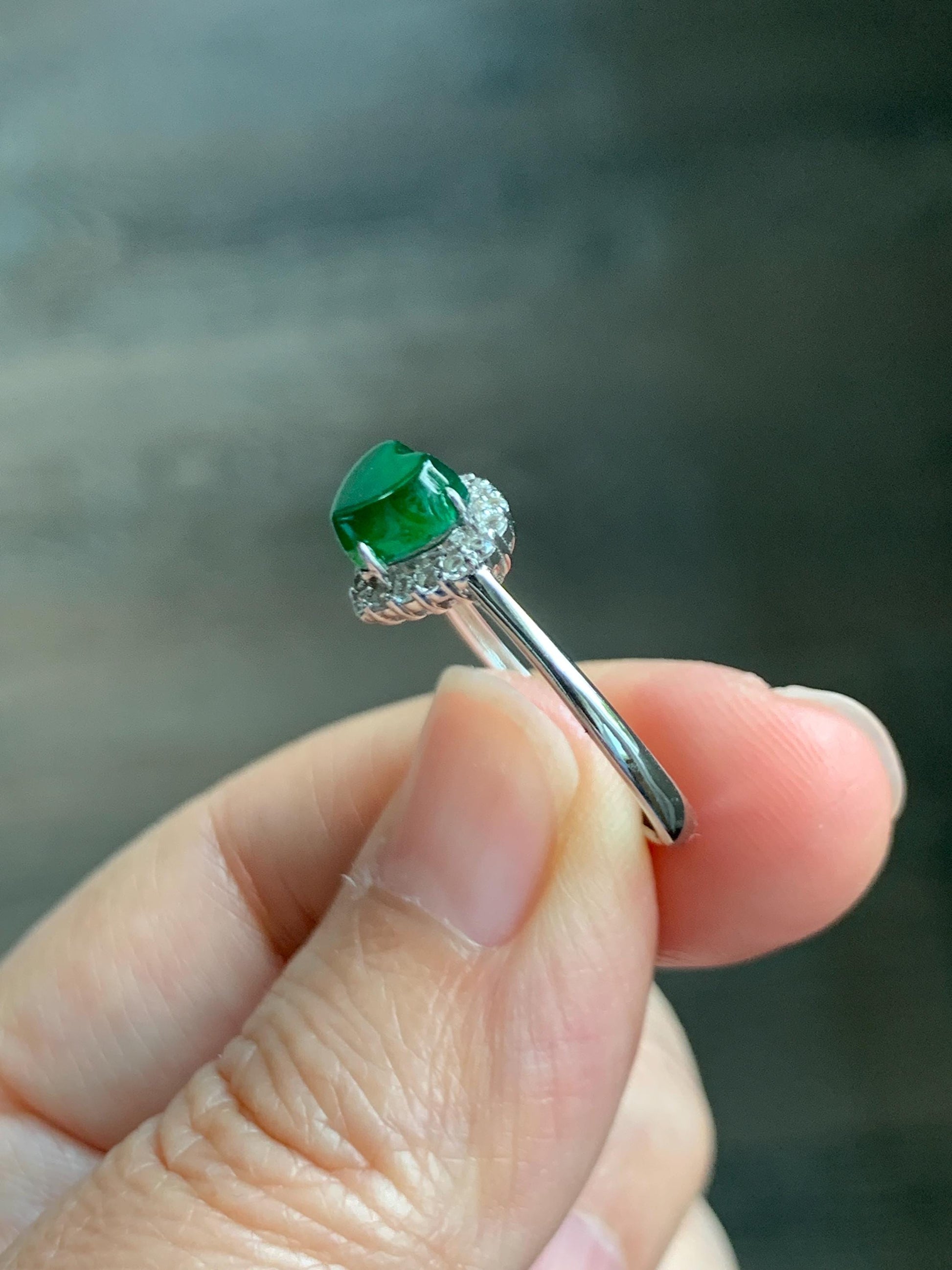 Natural Grade A Guatemalan Icy Translucent Vibrant Green Jade Jadeite Heart Halo Ring Sterling Silver Size 7 Adjustable 天然冰危绿翡翠爱心戒指 AXJ66