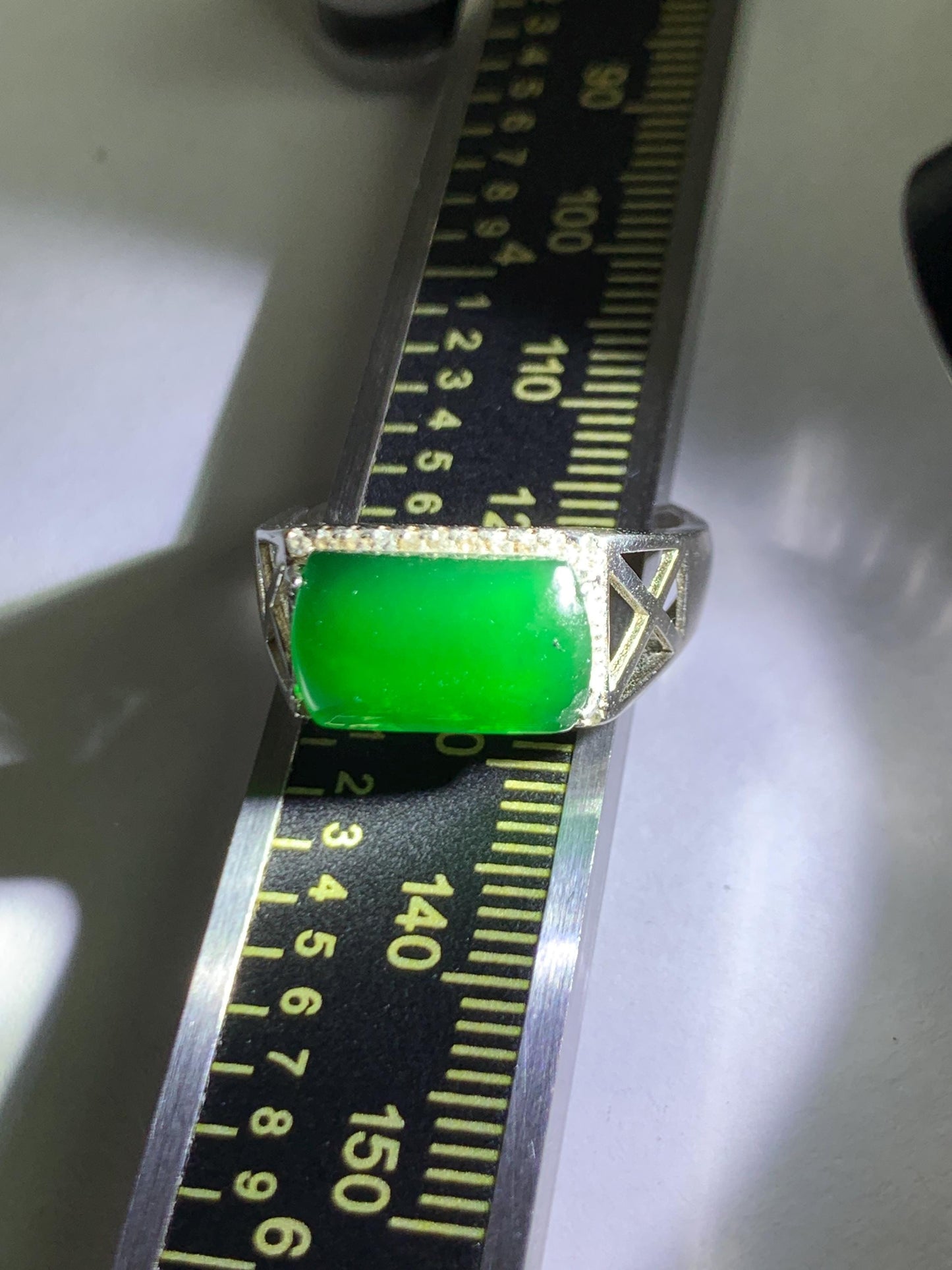 Natural Grade A Guatemalan Icy Translucent Vibrant Green Jade Jadeite Saddle Ring Sterling Silver Size 8 US Adjustable 天然冰危绿翡翠马鞍银镶戒指 LMA140