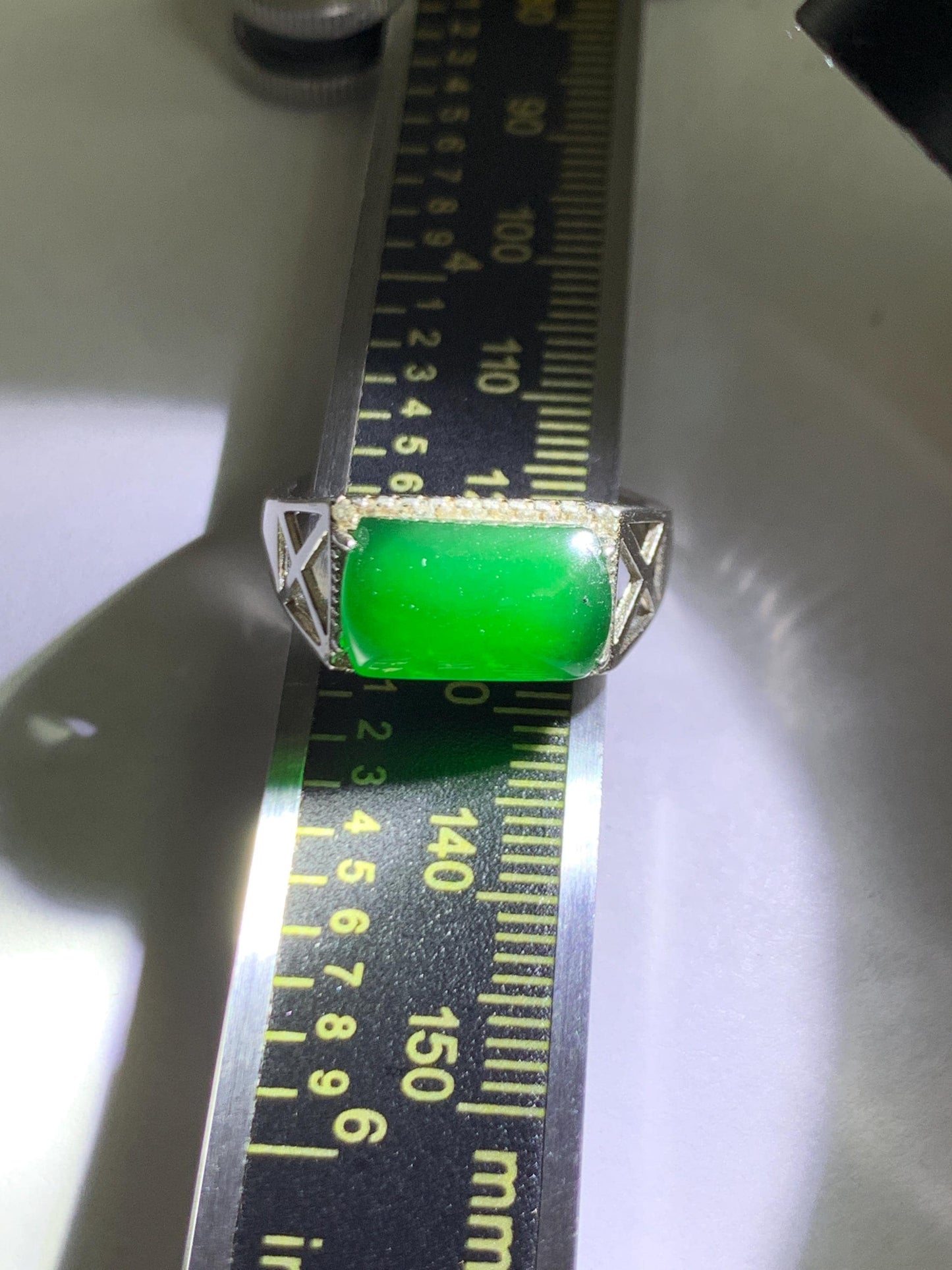 Natural Grade A Guatemalan Icy Translucent Vibrant Green Jade Jadeite Saddle Ring Sterling Silver Size 8 US Adjustable 天然冰危绿翡翠马鞍银镶戒指 LMA140