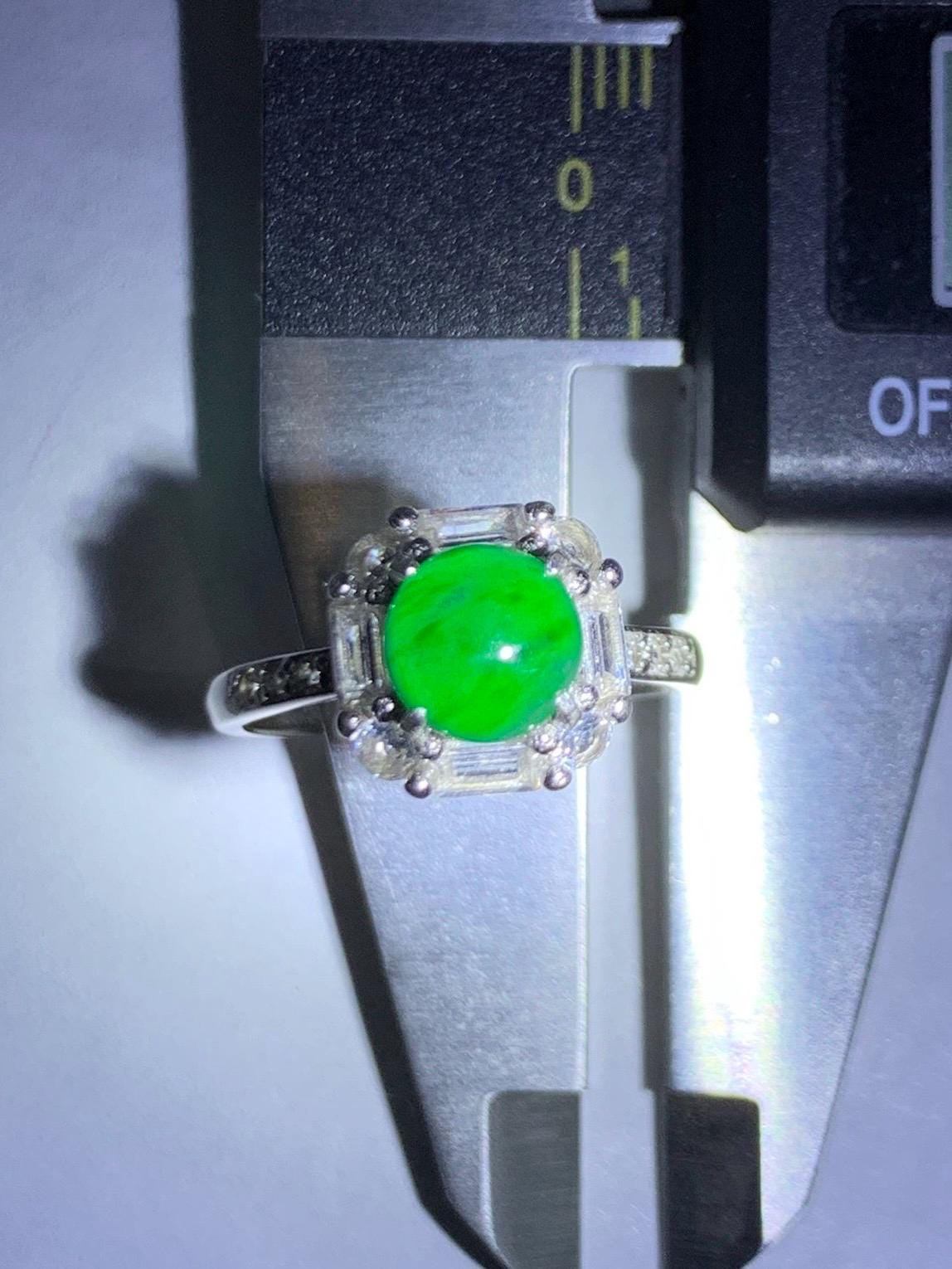 Natural Grade A Guatemalan Icy Translucent Vibrant Green Jade Jadeite Ring Sterling Silver Size 7 Adjustable 3g 天然冰危绿翡翠蛋面银镶戒指 WLR88