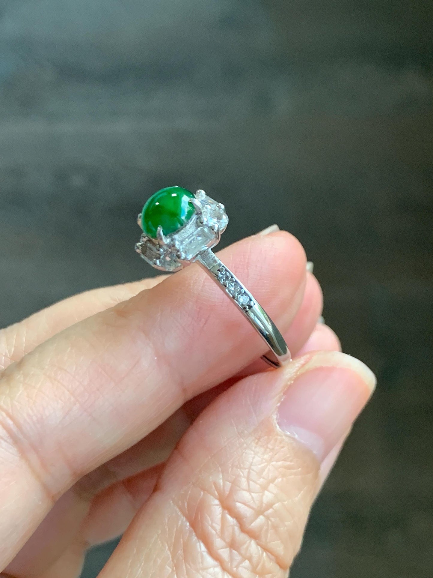 Natural Grade A Guatemalan Icy Translucent Vibrant Green Jade Jadeite Ring Sterling Silver Size 7 Adjustable 3g 天然冰危绿翡翠蛋面银镶戒指 WLR88