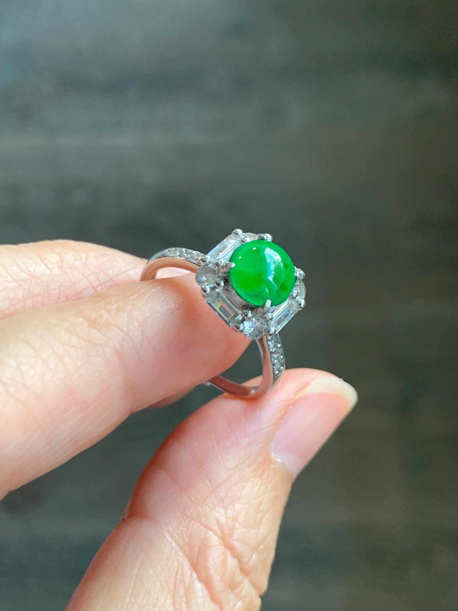 Natural Grade A Guatemalan Icy Translucent Vibrant Green Jade Jadeite Ring Sterling Silver Size 7 Adjustable 3g 天然冰危绿翡翠蛋面银镶戒指 WLR88