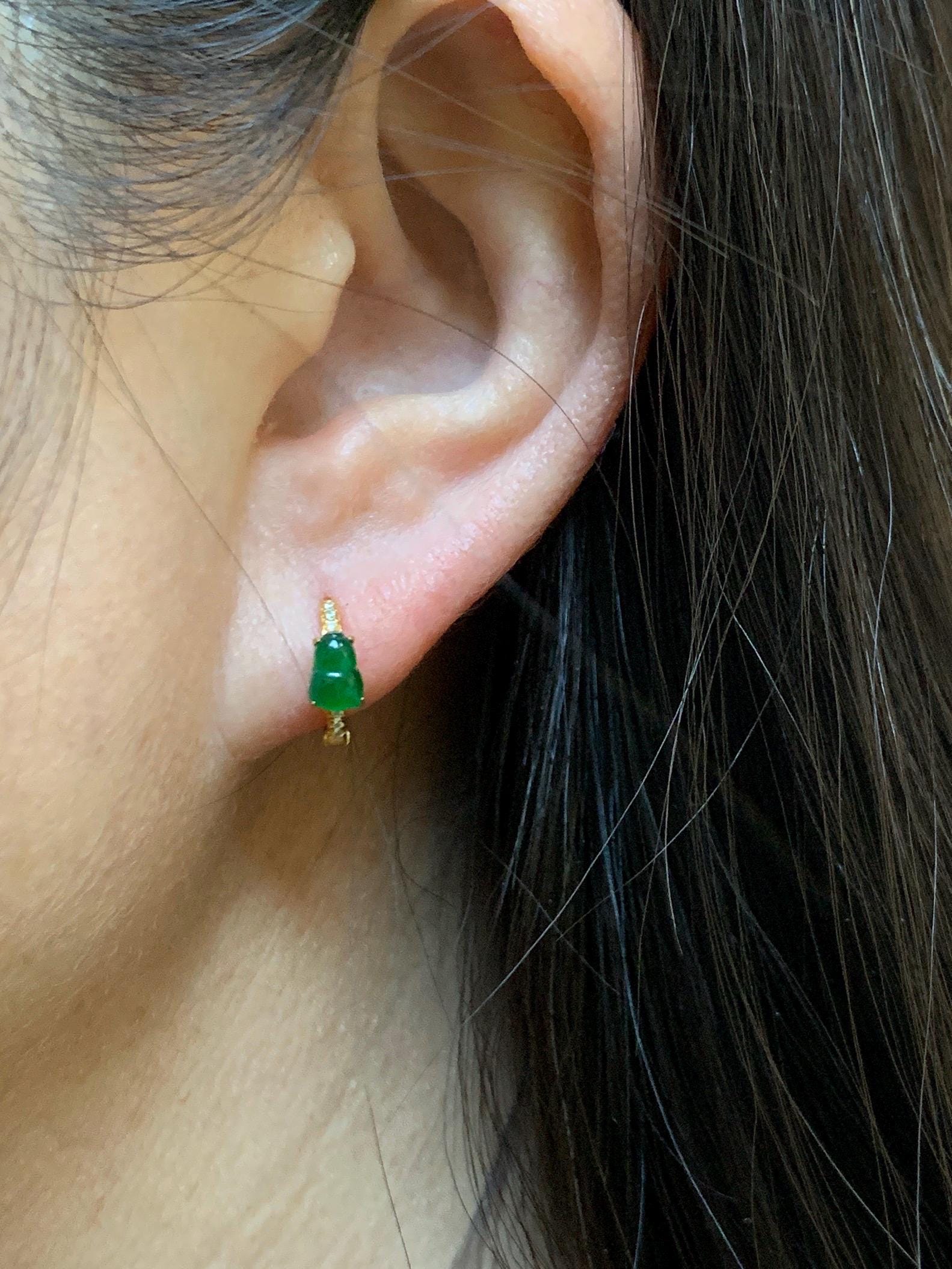 Natural Grade A Guatemalan Icy Translucent Vibrant Green Gourd Jade Jadeite Hoop Earrings Sterling Silver Yellow Gold 天然冰危绿翡翠葫芦银镶耳包 XHL68A