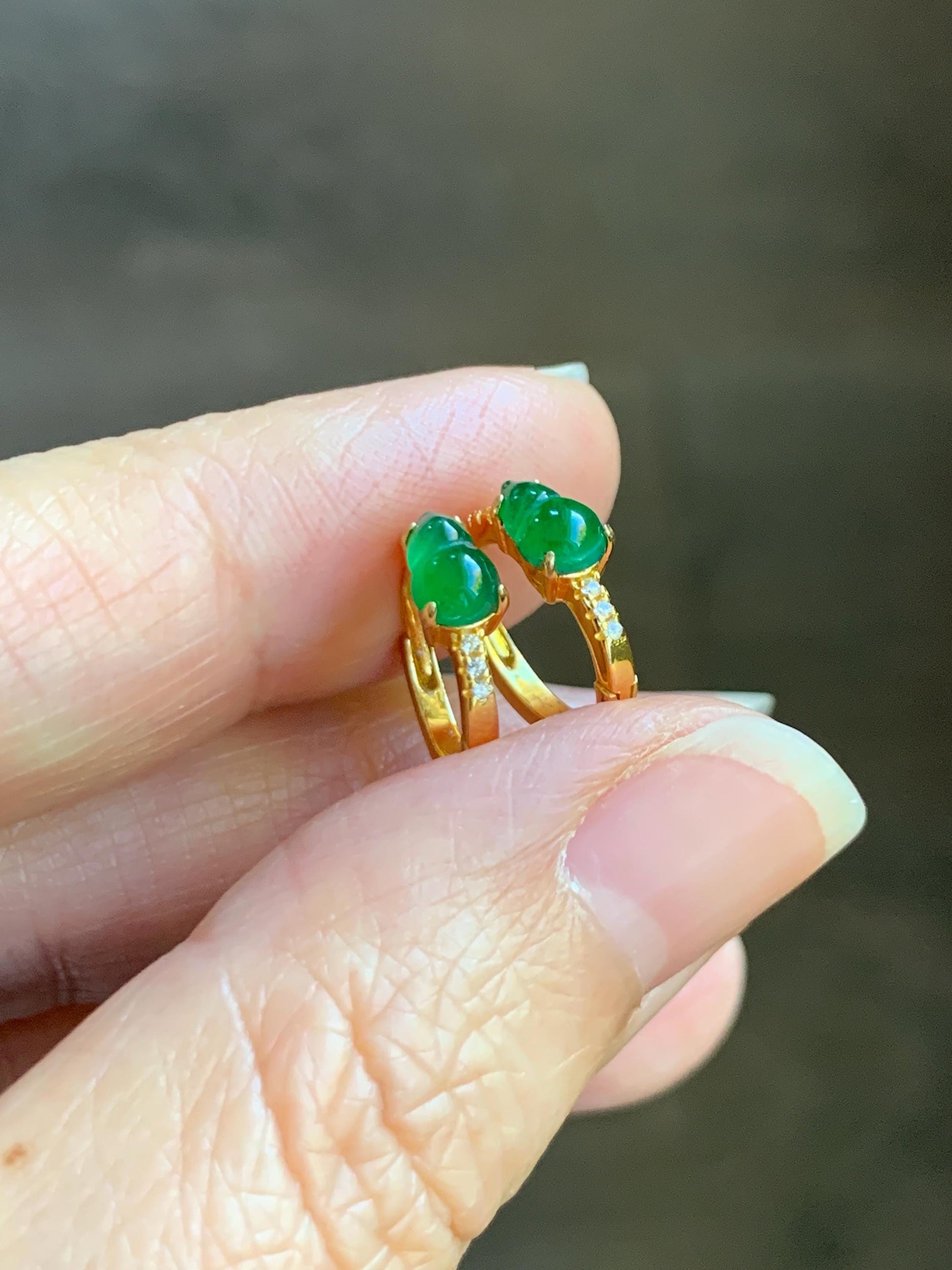 Natural Grade A Guatemalan Icy Translucent Vibrant Green Gourd Jade Jadeite Hoop Earrings Sterling Silver Yellow Gold 天然冰危绿翡翠葫芦银镶耳包 XHL68B