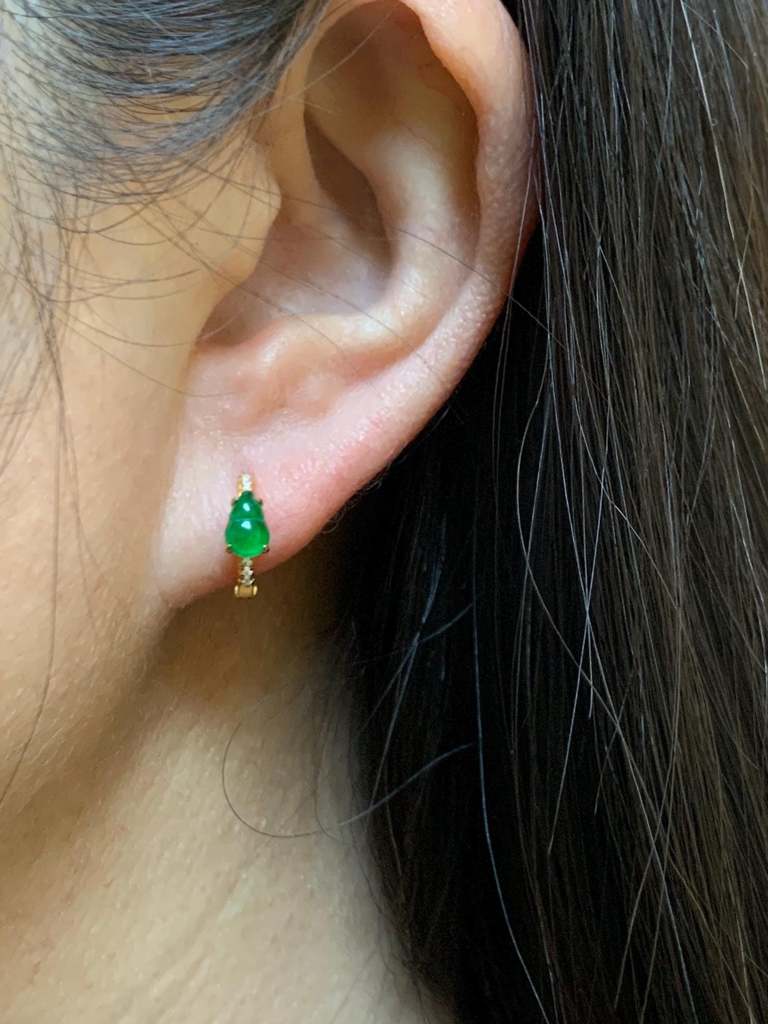 Natural Grade A Guatemalan Icy Translucent Vibrant Green Gourd Jade Jadeite Hoop Earrings Sterling Silver Yellow Gold 天然冰危绿翡翠葫芦银镶耳包 XHL68B