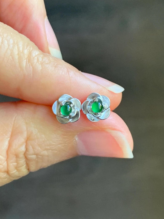 Petite Natural Grade A Guatemalan Icy Highly Translucent Vibrant Green Jadeite Flower Stud Earrings Sterling Silver 天然冰危绿翡翠花银耳钉 XJH55Y