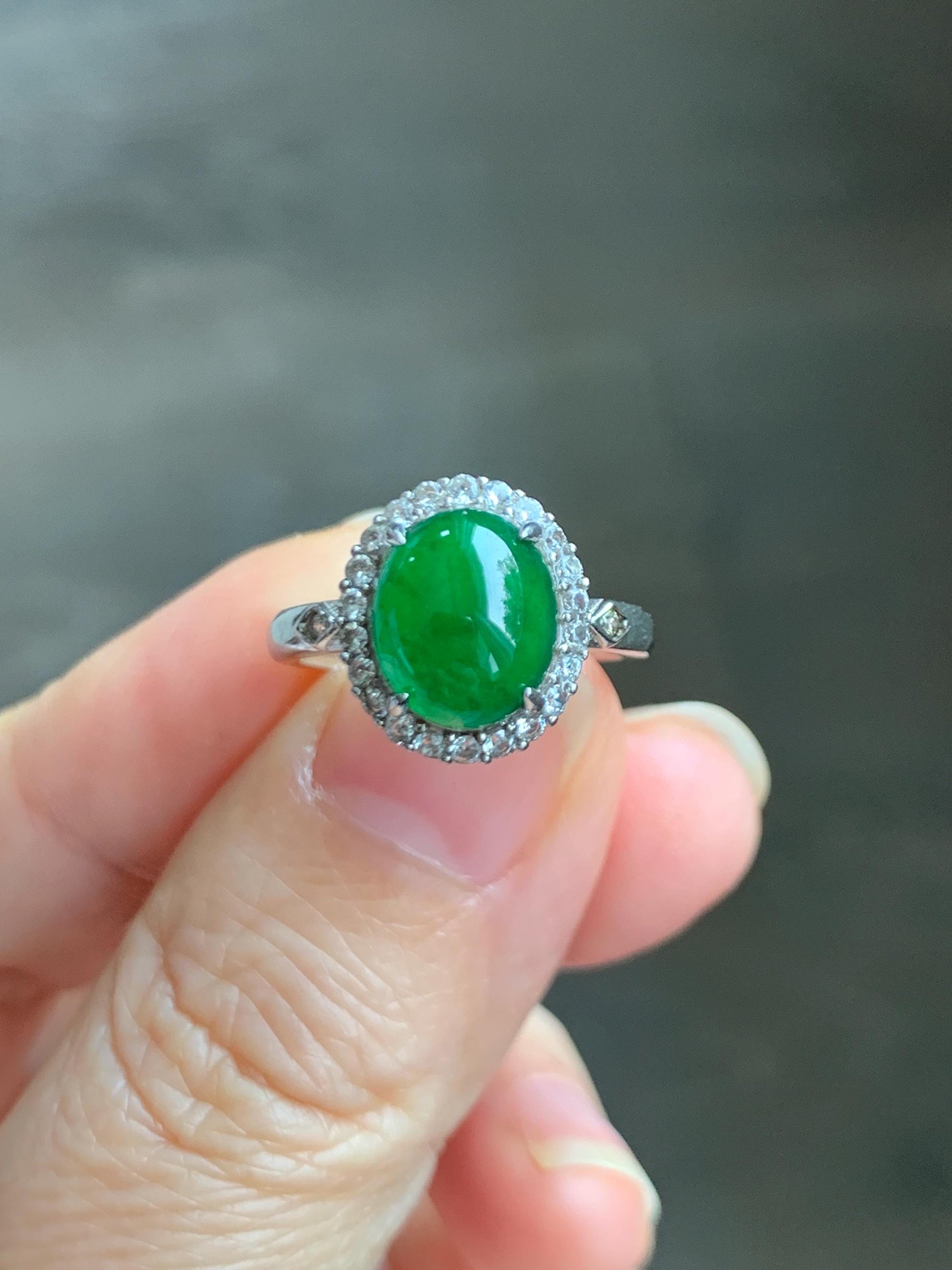 Natural Grade A Guatemalan Icy Translucent Vibrant Green Jade Jadeite Halo Style Ring Sterling Silver Size Adjustable 天然冰危绿翡翠银镶戒指 WLH132