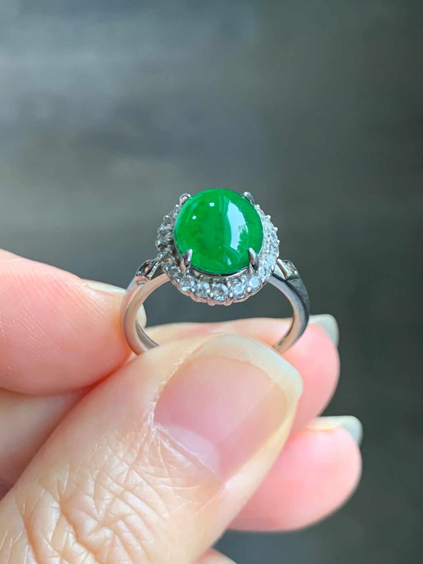 Natural Grade A Guatemalan Icy Translucent Vibrant Green Jade Jadeite Halo Style Ring Sterling Silver Size Adjustable 天然冰危绿翡翠银镶戒指 WLH132