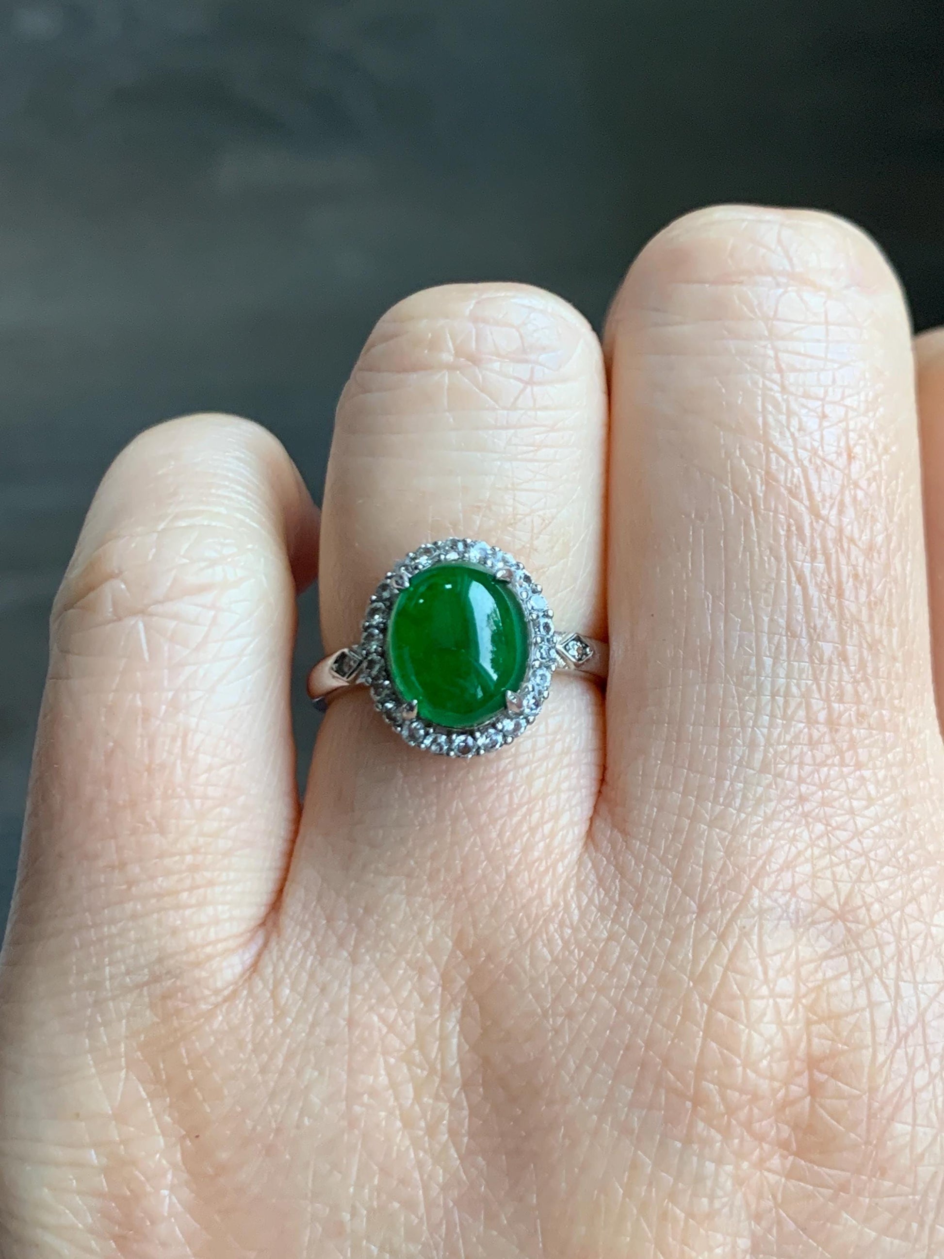 Natural Grade A Guatemalan Icy Translucent Vibrant Green Jade Jadeite Halo Style Ring Sterling Silver Size Adjustable 天然冰危绿翡翠银镶戒指 WLH132