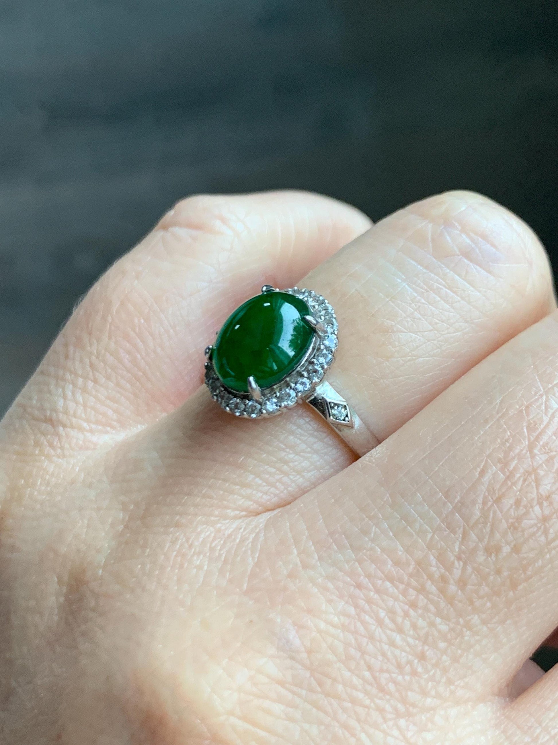 Natural Grade A Guatemalan Icy Translucent Vibrant Green Jade Jadeite Halo Style Ring Sterling Silver Size Adjustable 天然冰危绿翡翠银镶戒指 WLH132