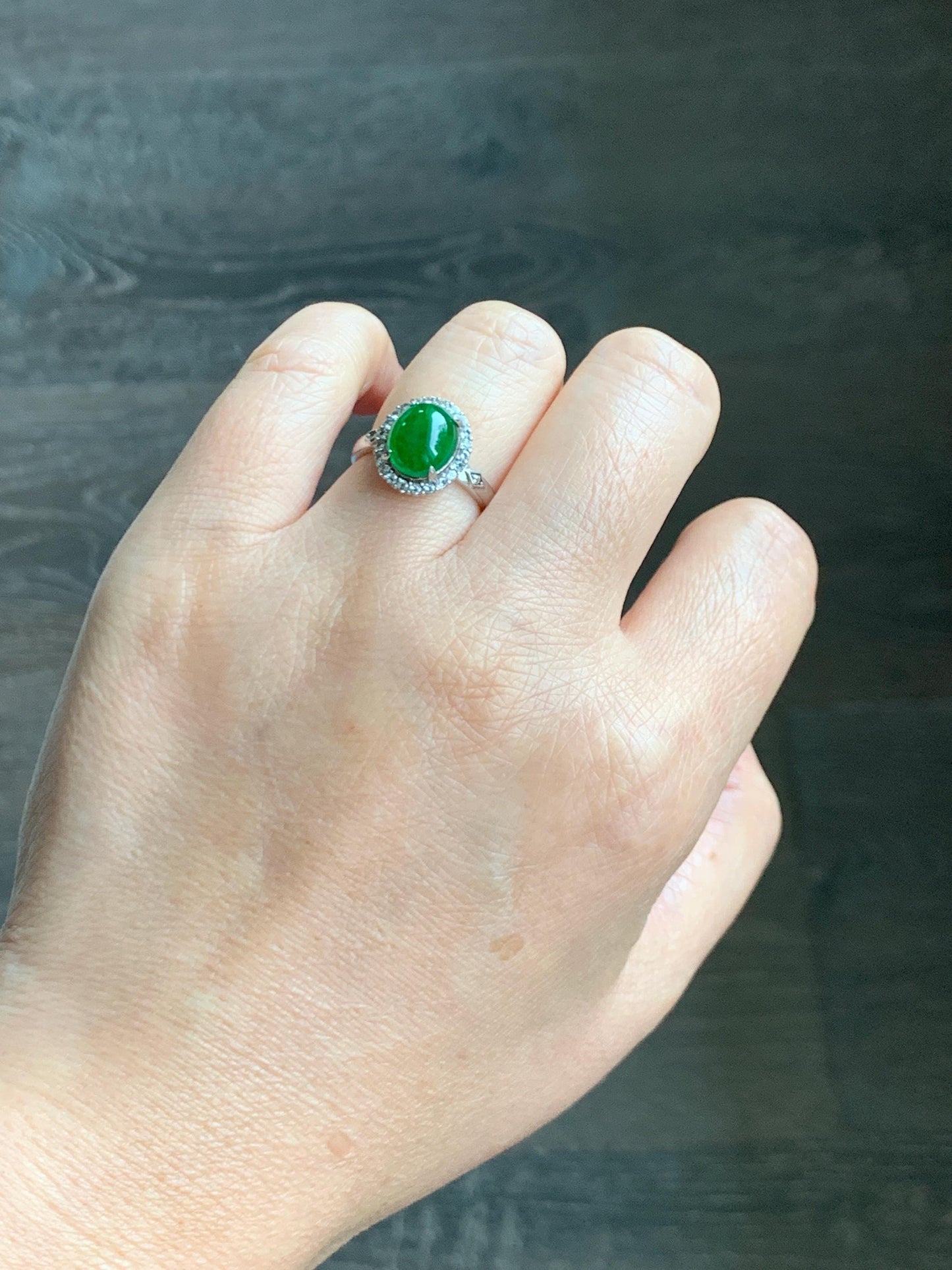 Natural Grade A Guatemalan Icy Translucent Vibrant Green Jade Jadeite Halo Style Ring Sterling Silver Size Adjustable 天然冰危绿翡翠银镶戒指 WLH132