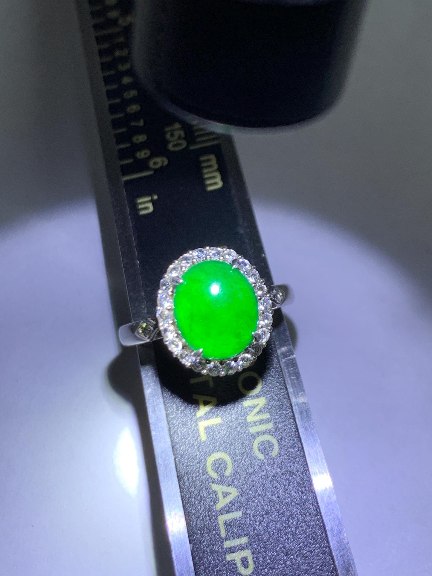 Natural Grade A Guatemalan Icy Translucent Vibrant Green Jade Jadeite Halo Style Ring Sterling Silver Size Adjustable 天然冰危绿翡翠银镶戒指 WLH132