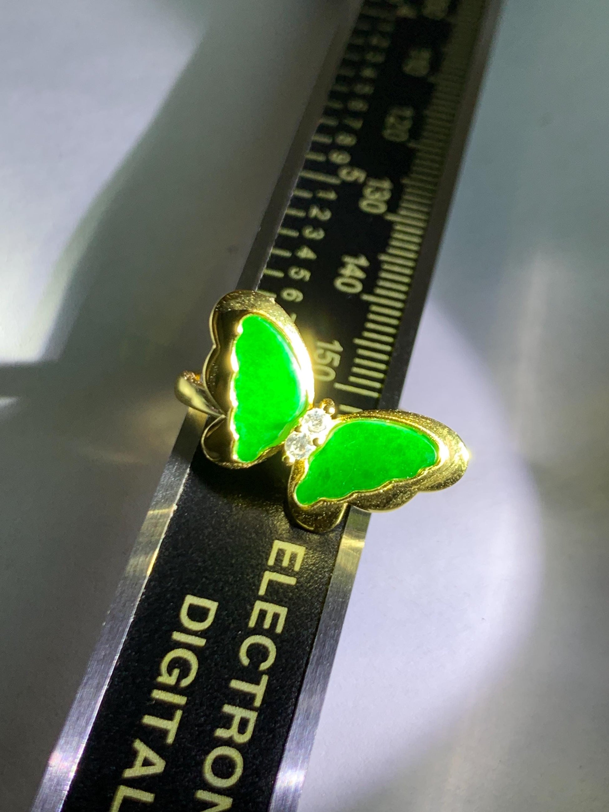 Natural Grade A Icy Vibrant Green Jade Jadeite & Mother Of Pearl Butterfly Ring Sterling Silver Size 7 Adjustable 天然阳绿花青翡翠贝母银镶蝴蝶戒指 HQHD176