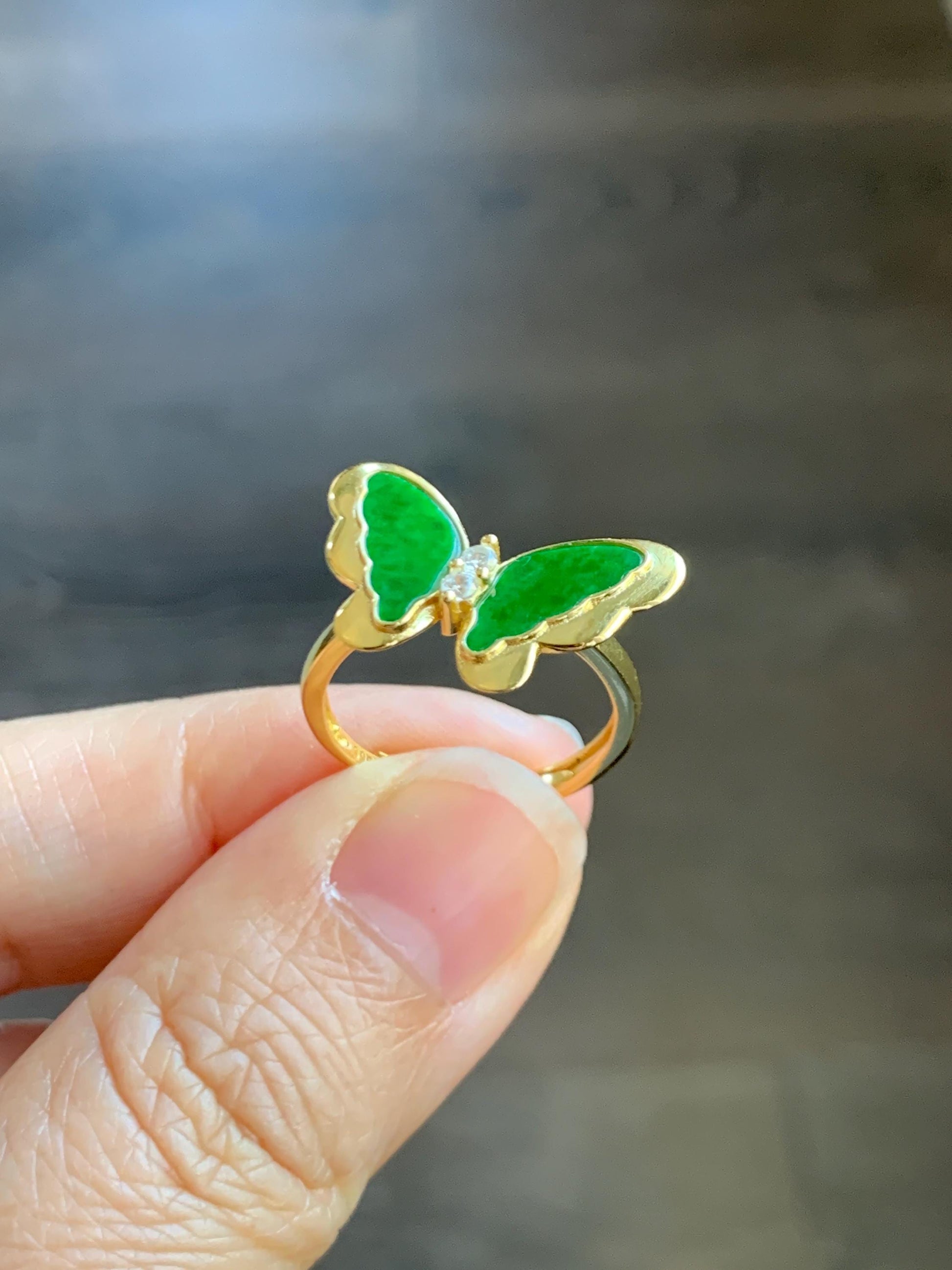 Natural Grade A Icy Vibrant Green Jade Jadeite & Mother Of Pearl Butterfly Ring Sterling Silver Size 7 Adjustable 天然阳绿花青翡翠贝母银镶蝴蝶戒指 HQHD176