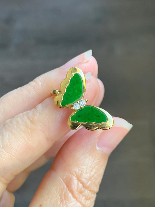 Natural Grade A Icy Vibrant Green Jade Jadeite & Mother Of Pearl Butterfly Ring Sterling Silver Size 7 Adjustable 天然阳绿花青翡翠贝母银镶蝴蝶戒指 HQHD176