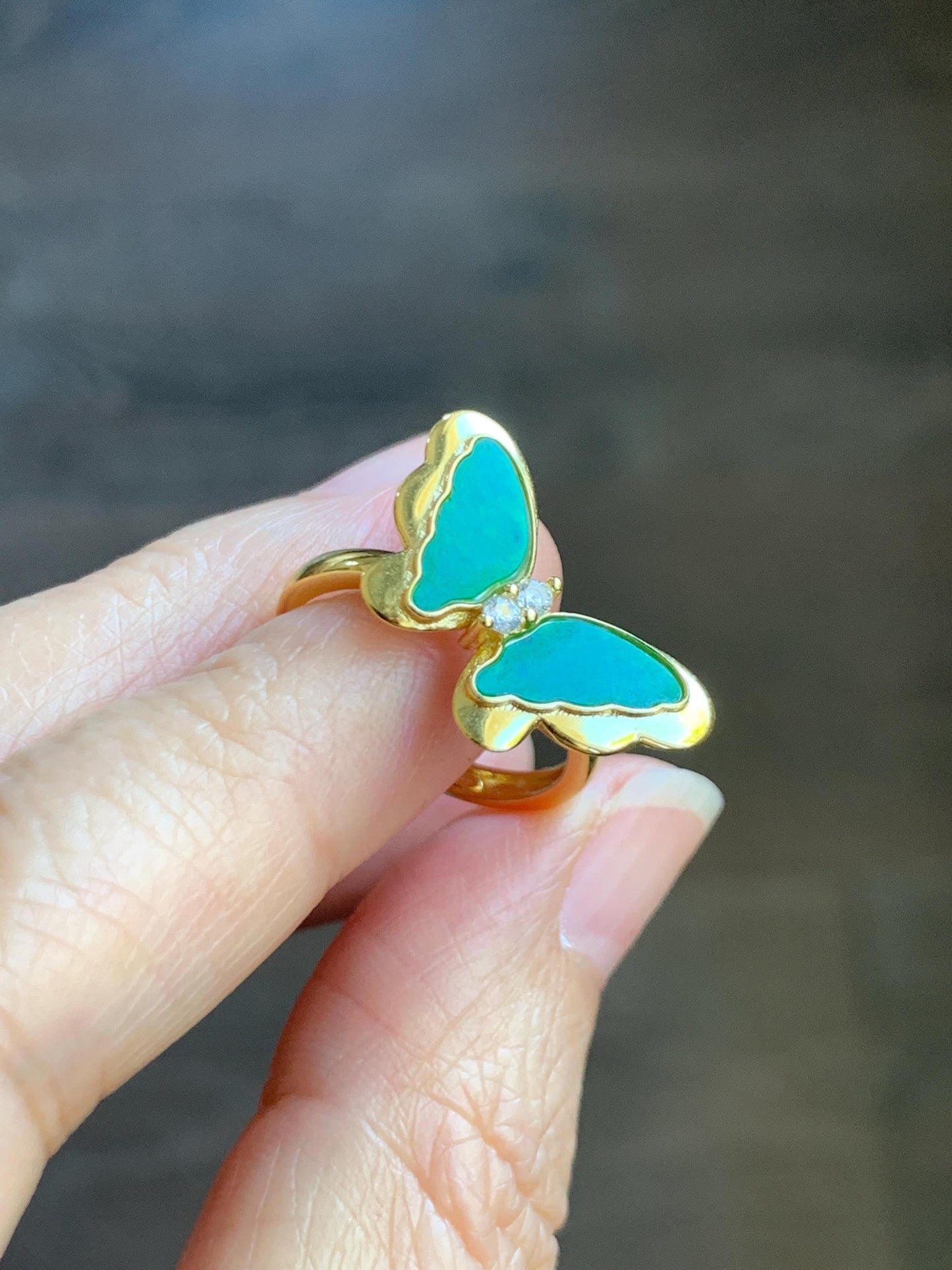 Natural Grade A Icy Vibrant Green Jade Jadeite & Mother Of Pearl Butterfly Ring Sterling Silver Size 7 Adjustable 天然阳绿花青翡翠贝母银镶蝴蝶戒指 HQHD176