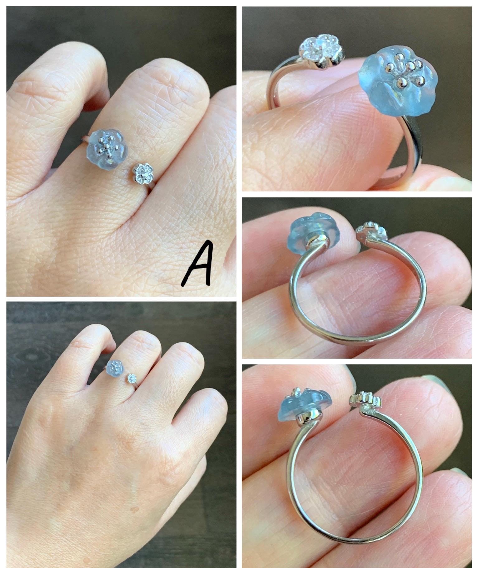 Natural Grade A Guatemalan Icy Highly Translucent Jade Jadeite Cherry Blossom Ring Sterling Silver Size Adjustable 天然高冰危翡翠梅花开口银镶戒指 GBW220