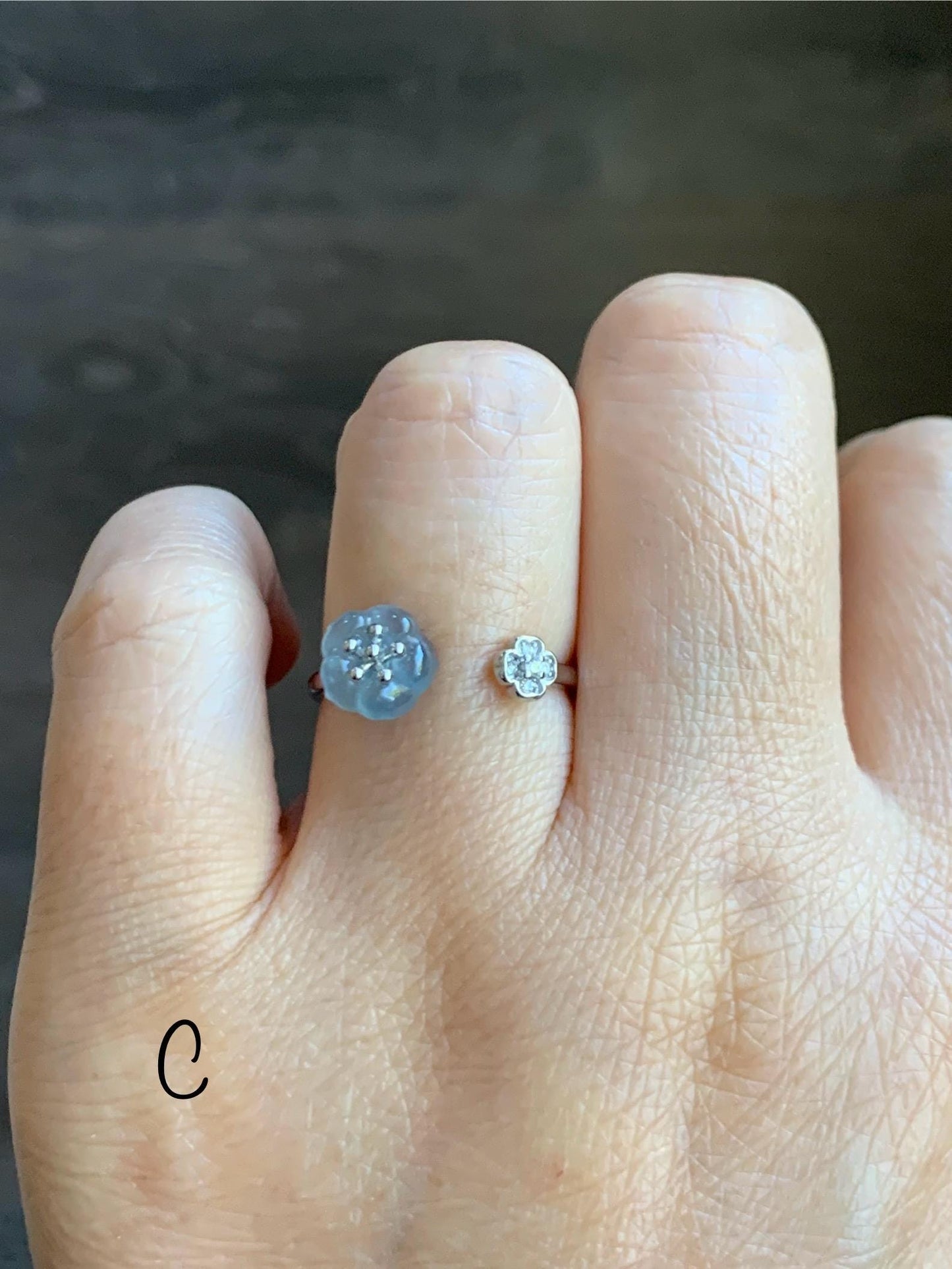 Natural Grade A Guatemalan Icy Highly Translucent Jade Jadeite Cherry Blossom Ring Sterling Silver Size Adjustable 天然高冰危翡翠梅花开口银镶戒指 GBW220