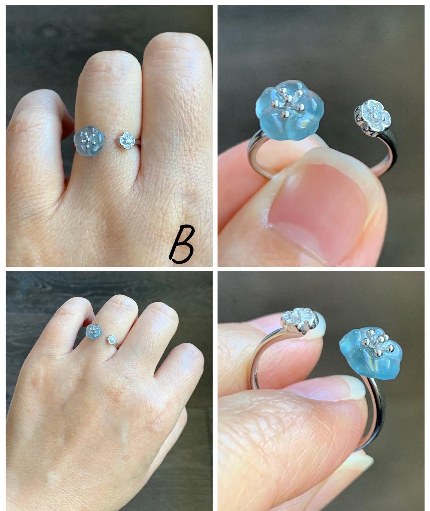 Natural Grade A Guatemalan Icy Highly Translucent Jade Jadeite Cherry Blossom Ring Sterling Silver Size Adjustable 天然高冰危翡翠梅花开口银镶戒指 GBW220